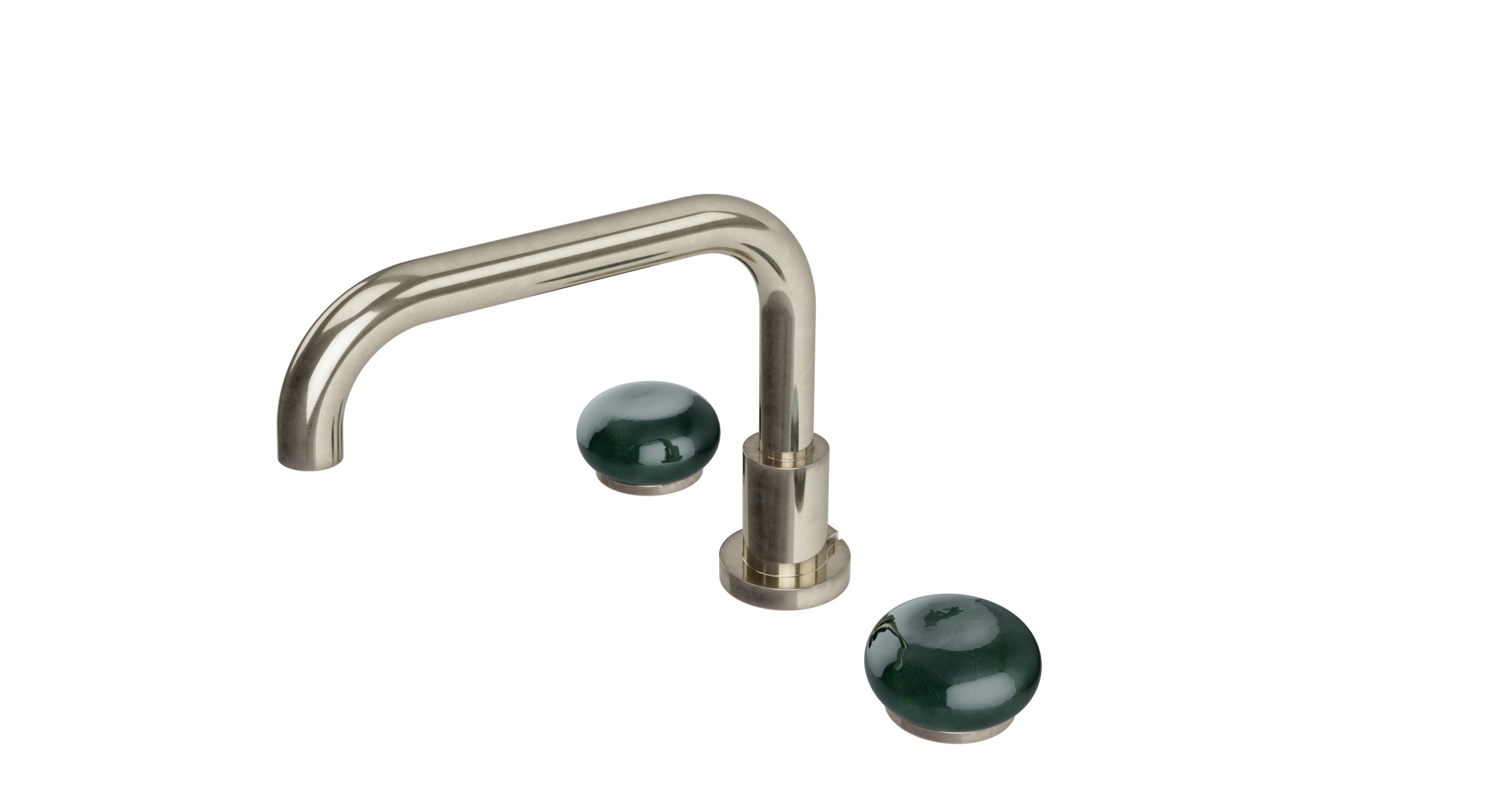 Foundry Two Handle Deck Mount Squaretop Bath Trim with Pebble Ceramic Knob Handles in French Nickel
