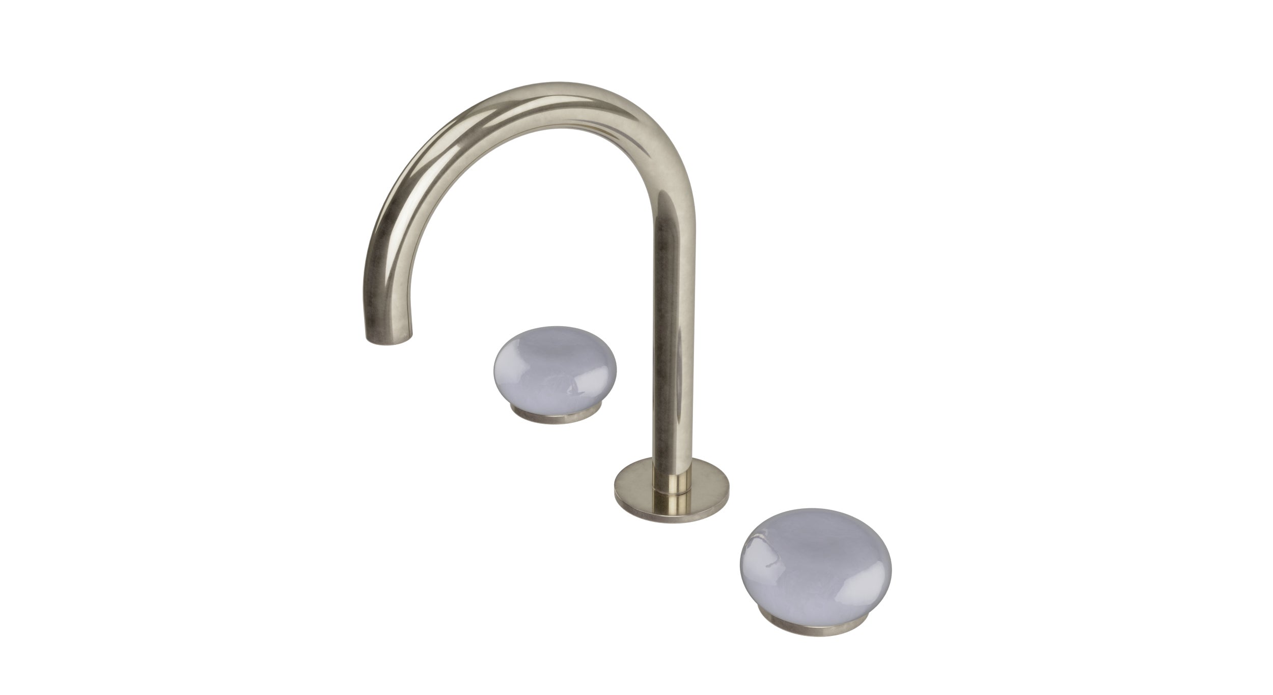 Foundry Two Handle Deck Mount Gooseneck Lavatory Faucet with Pebble Ceramic Knob Handles in French Nickel