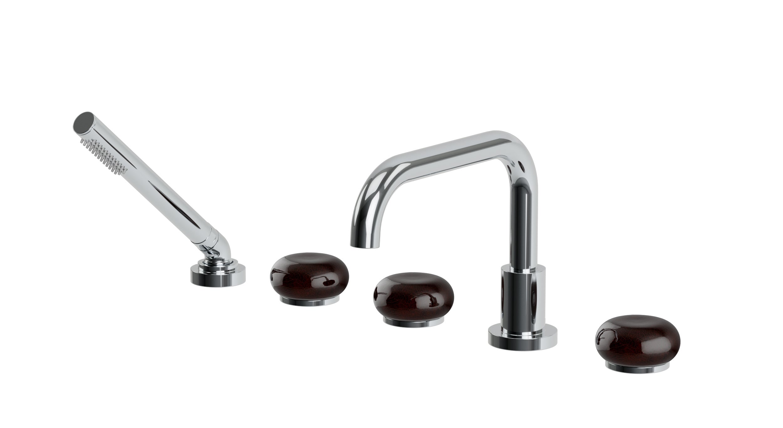 Foundry Three Handle Deck Mount Squaretop Bath Trim with Hand Shower and Pebble Ceramic Knob Handles in Polished Chrome