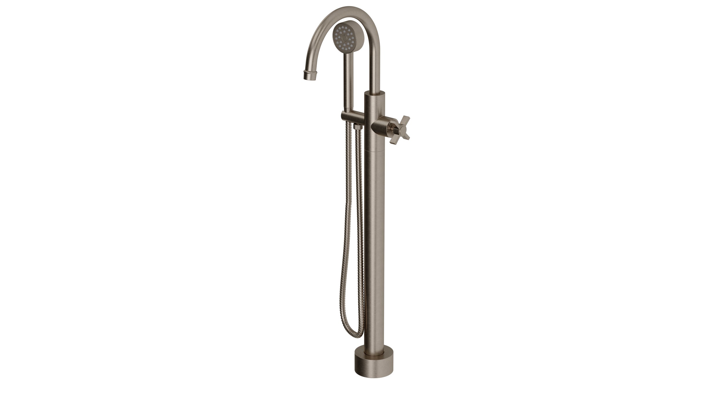 Emerson One Handle Floor Mount Gooseneck Bath Trim with Hand Shower and Defined Cross Handle in Antique Nickel