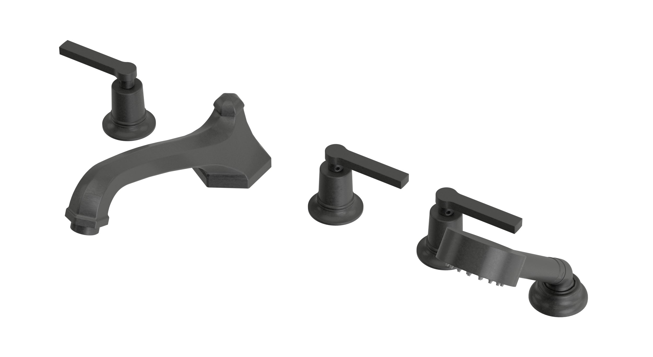 Emerson Three Handle Deck Mount Low Hexagon Bath Trim with Hand Shower and Classic Lever Handles in Blackened Nickel