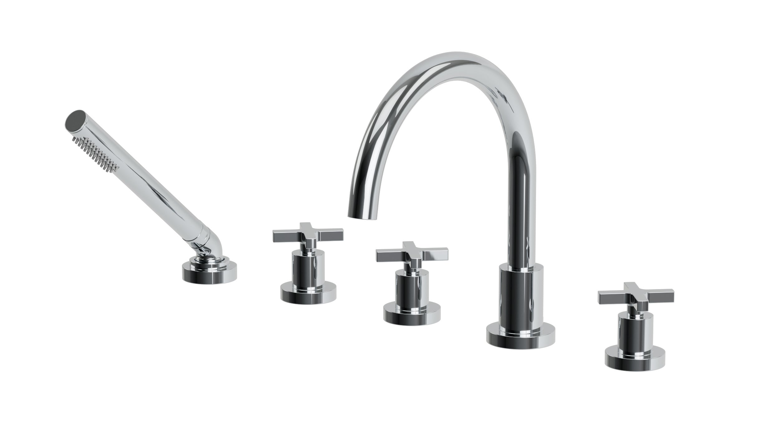 Flatiron Three Handle Deck Mount Gooseneck Bath Trim with Hand Shower and Linear Cross Handles