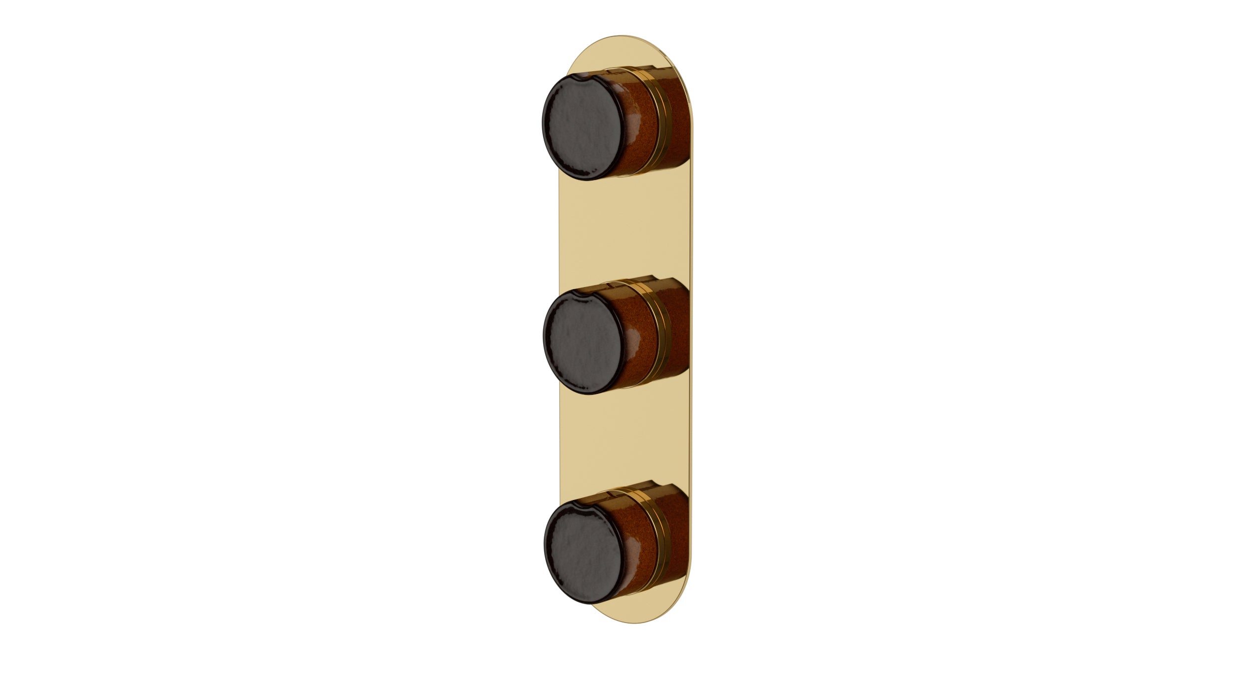 Foundry Three Handle Wall Mount Shower Trim with Groove Ceramic Knob Handles in Polished Brass