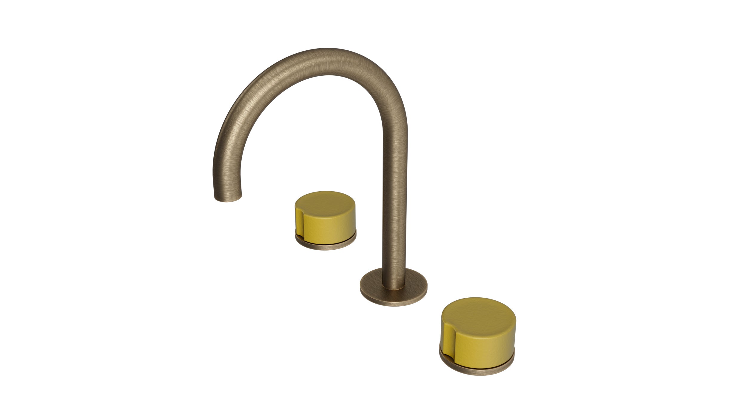 Foundry Two Handle Deck Mount Gooseneck Lavatory Faucet with Groove Ceramic Knob Handles in Antique Brass