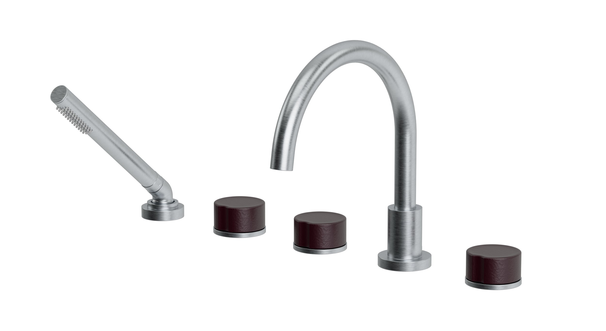 Foundry Three Handle Deck Mount Gooseneck Bath Trim with Hand Shower and Groove Ceramic Knob Handles in Satin Chrome
