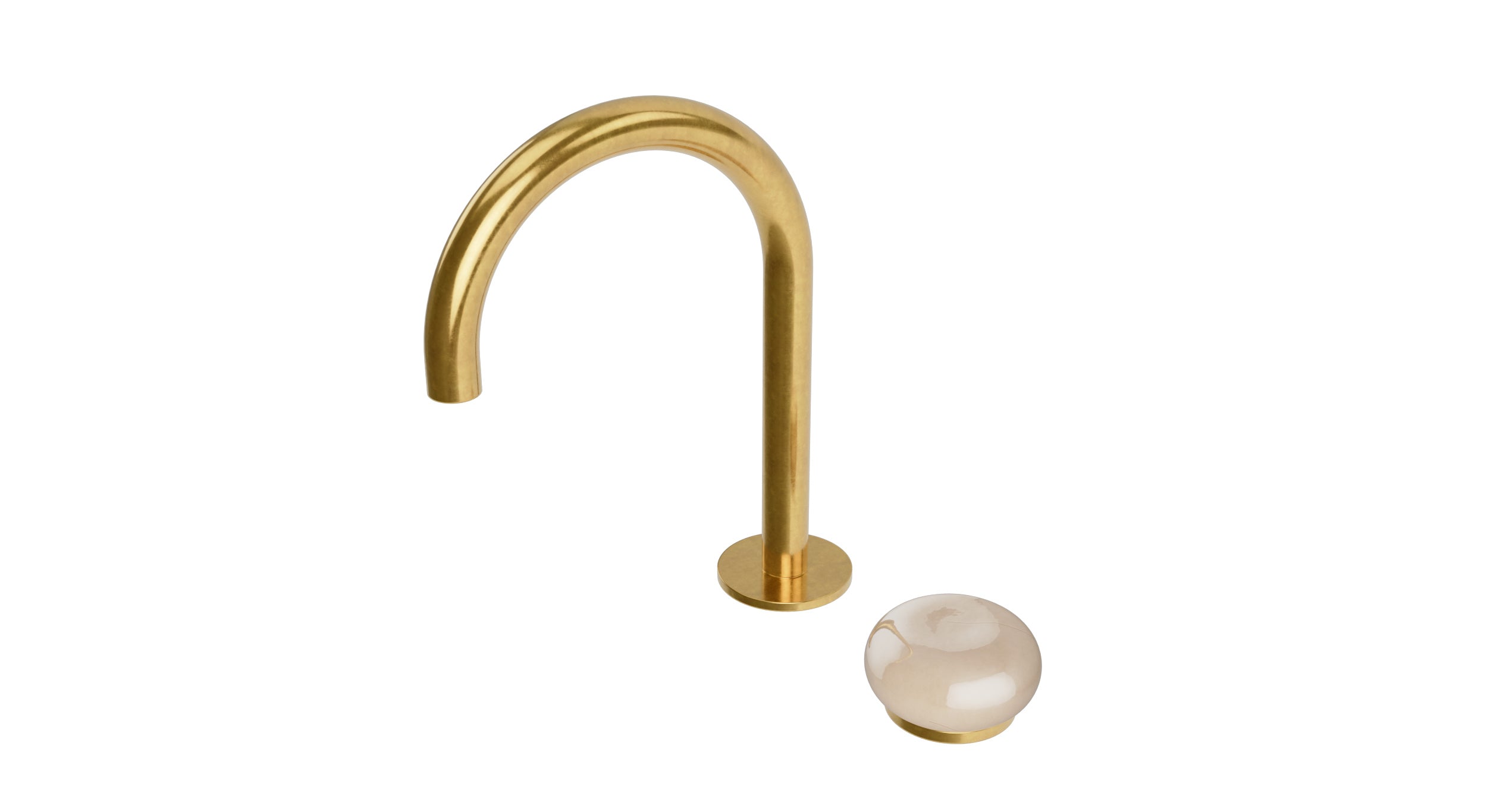 Foundry One Handle Deck Mount Gooseneck Lavatory Faucet with Pebble Ceramic Knob Handle in French Brass