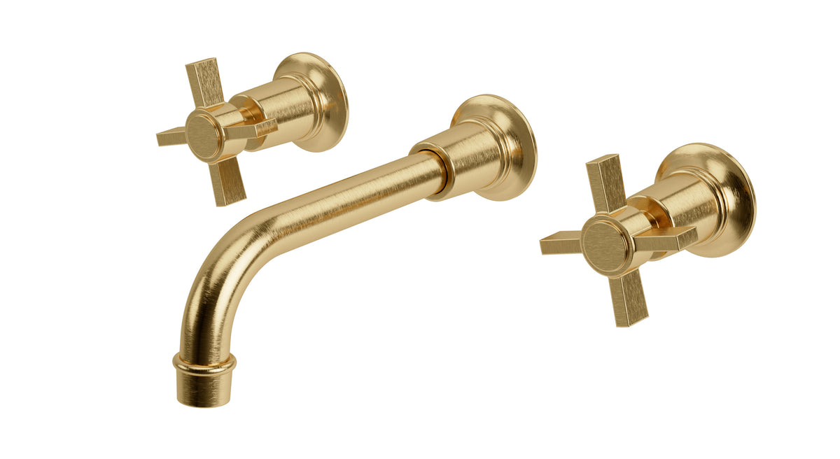 Emerson Two Handle Wall Mount 8.25" Lavatory Faucet with Defined Cross Handles in Satin Brass