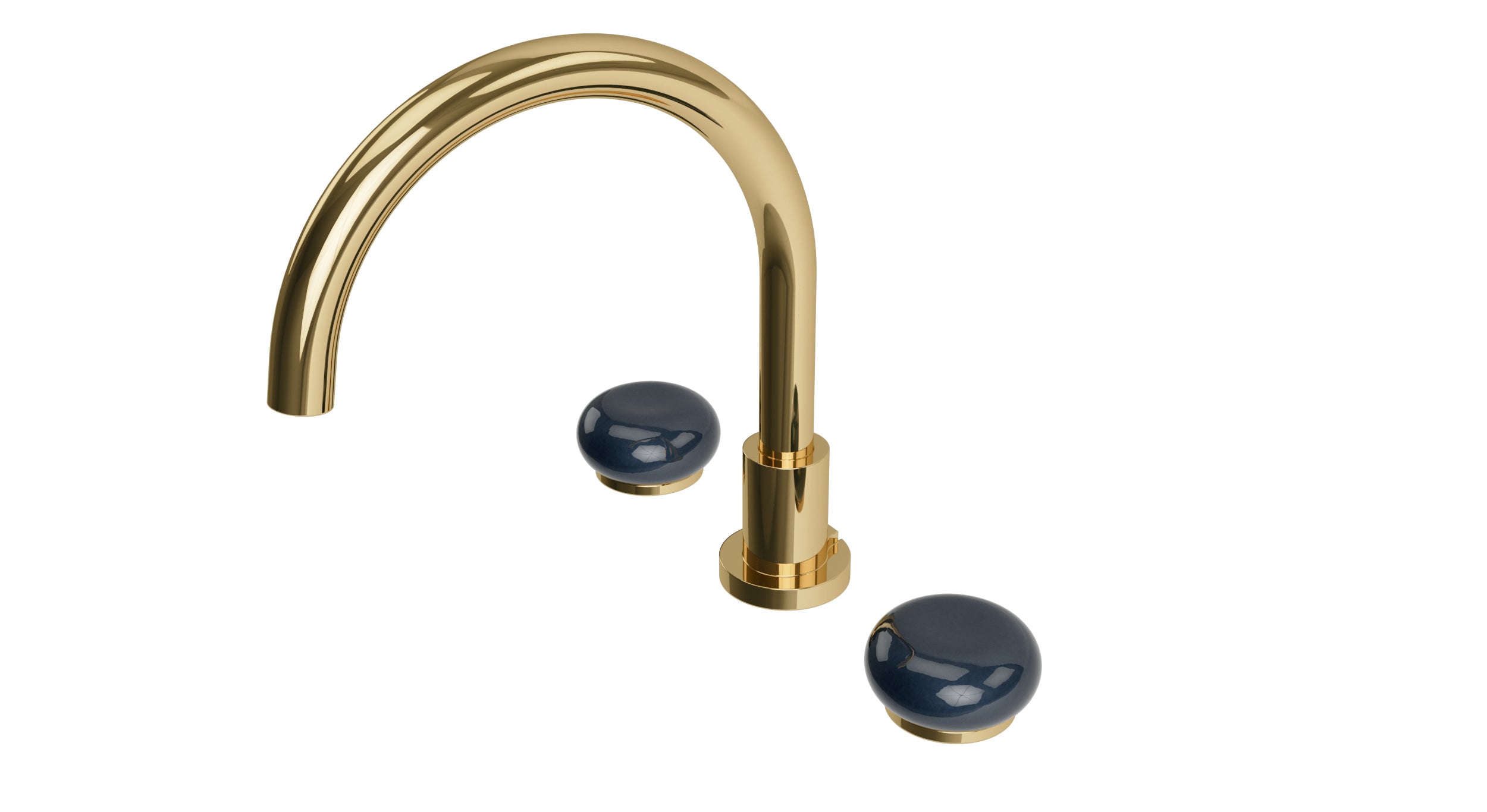 Foundry Two Handle Deck Mount Gooseneck Bath Trim with Pebble Ceramic Knob Handles in Polished Brass