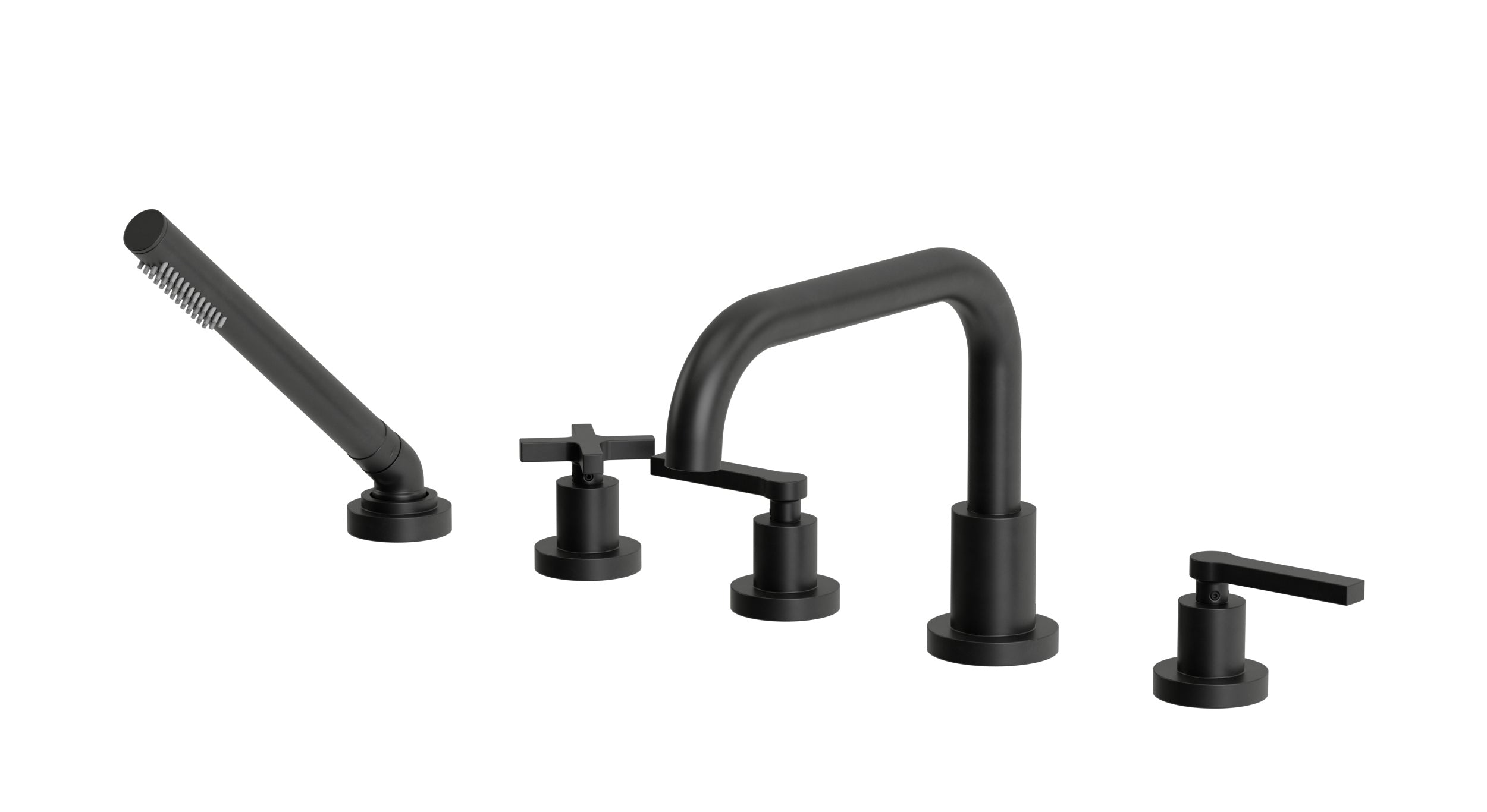 Flatiron Three Handle Deck Mount Squaretop Bath Trim with Hand Shower and Linear Cross/Linear Lever Handles in Oil Rubbed Bronze