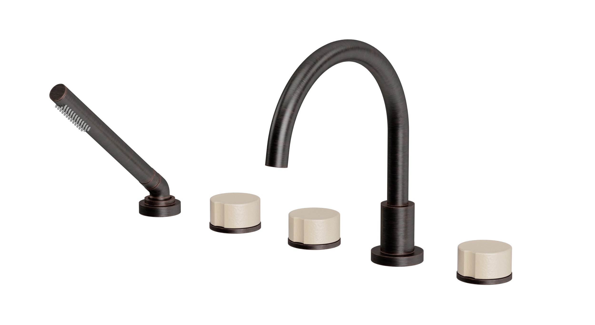 Foundry Three Handle Deck Mount Gooseneck Bath Trim with Hand Shower and Groove Ceramic Knob Handles in Antique Bronze