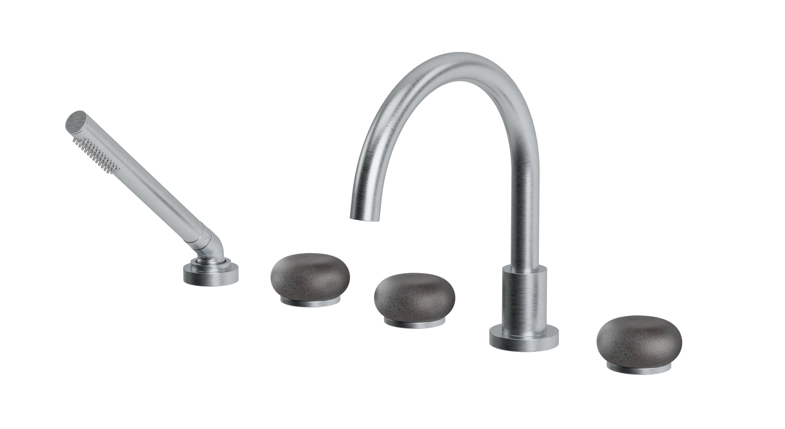 Foundry Three Handle Deck Mount Gooseneck Bath Trim with Hand Shower and Pebble Ceramic Knob Handles in Satin Chrome