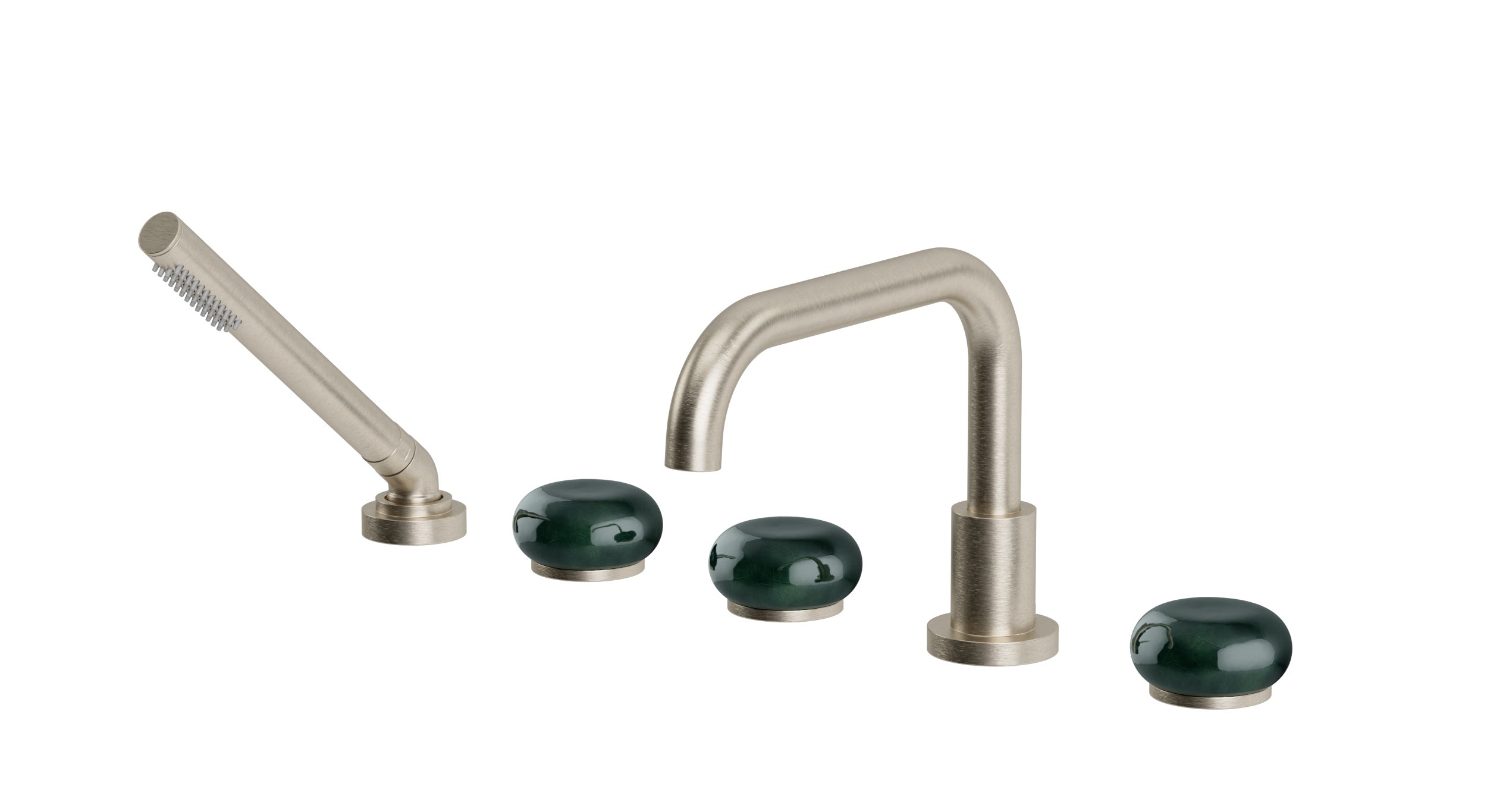 Foundry Three Handle Deck Mount Squaretop Bath Trim with Hand Shower and Pebble Ceramic Knob Handles in Satin Nickel