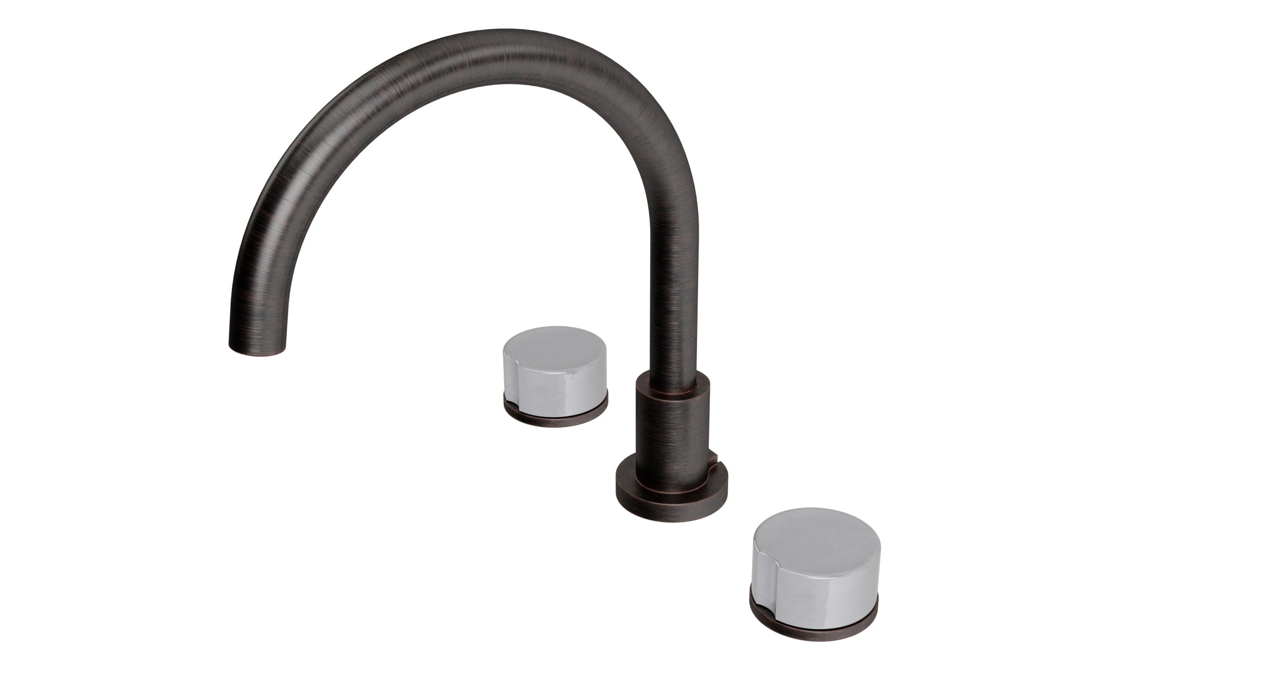 Foundry Two Handle Deck Mount Gooseneck Bath Trim with Groove Ceramic Knob Handles in Antique Bronze