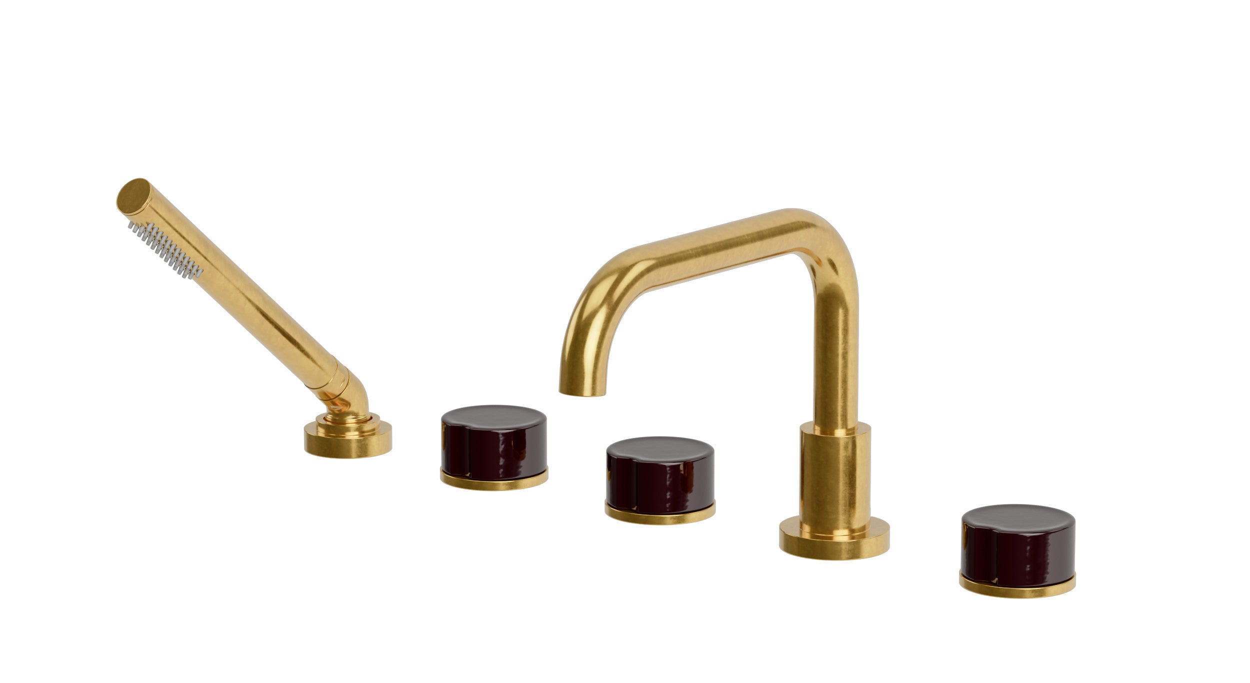 Foundry Three Handle Deck Mount Squaretop Bath Trim with Hand Shower and Groove Ceramic Knob Handles in French Brass