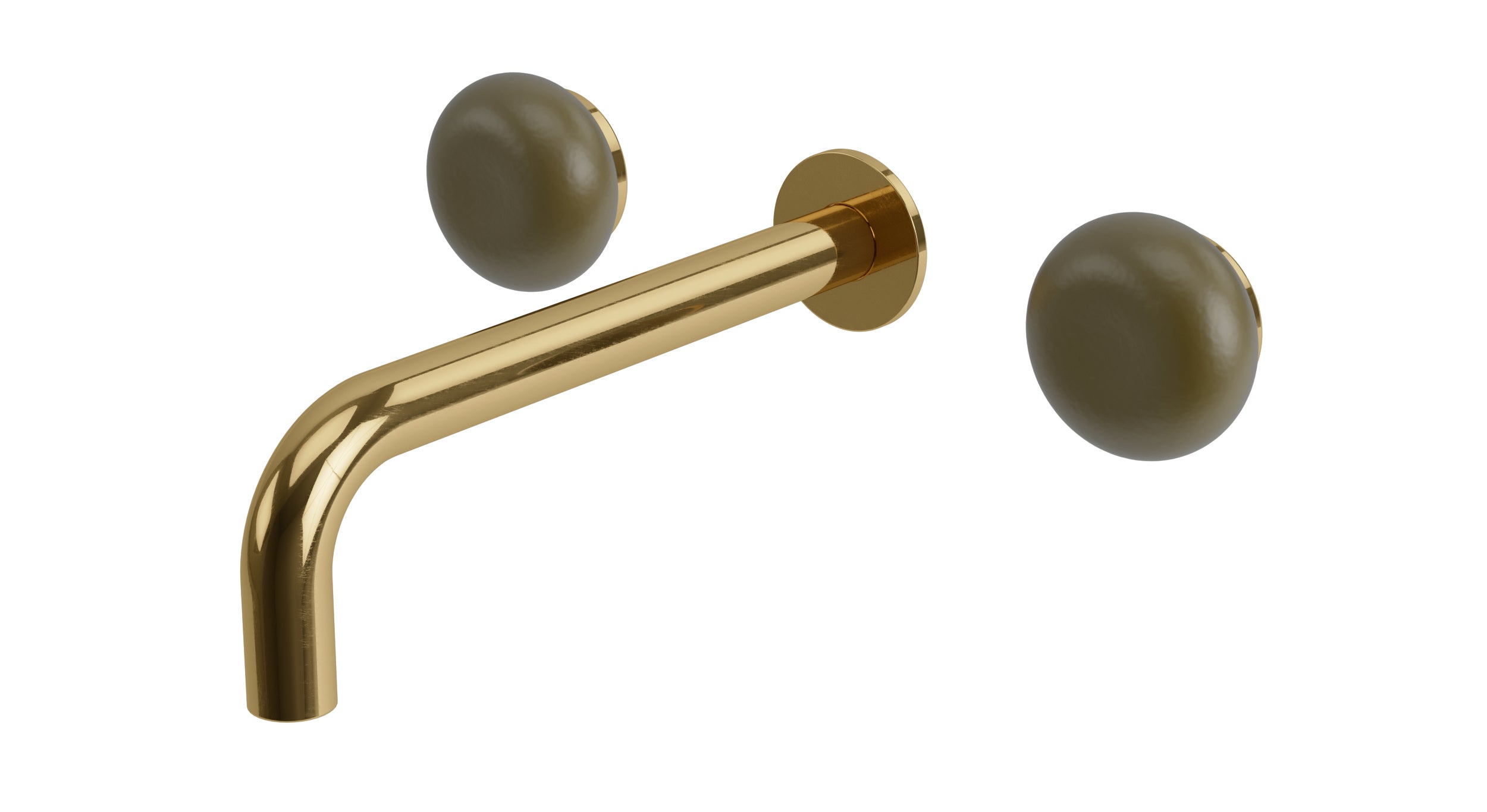 Foundry Two Handle Wall Mount 7.5" Lavatory Faucet with Pebble Ceramic Knob Handles in Uncoated Polished Brass