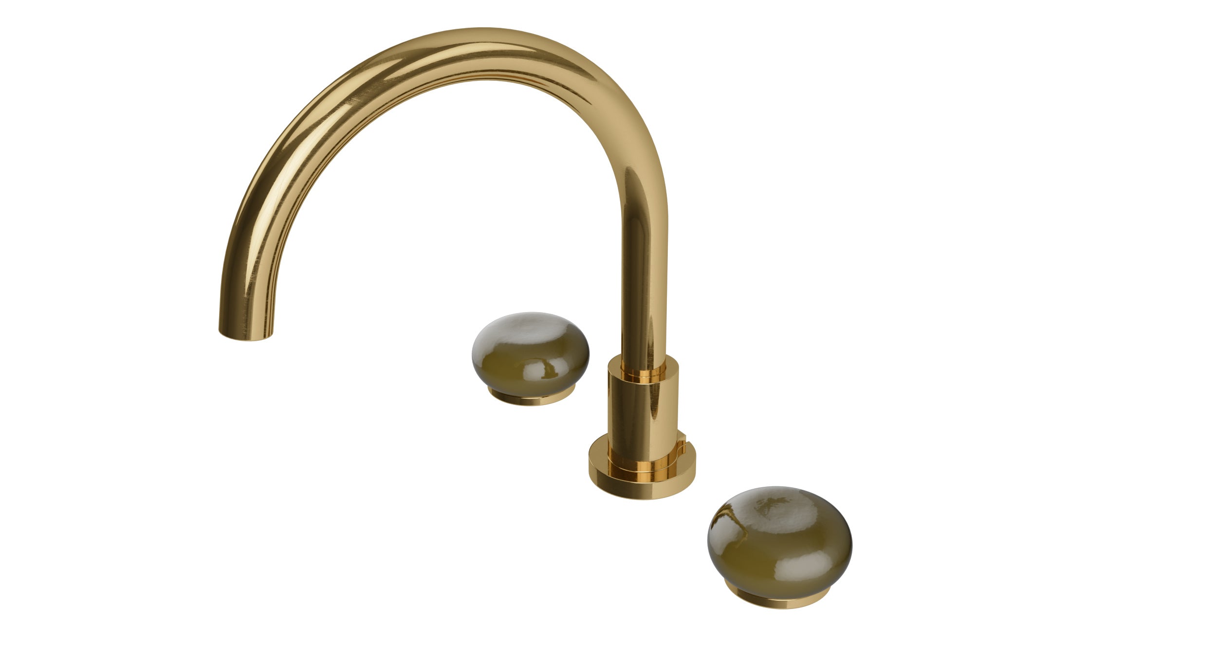 Foundry Two Handle Deck Mount Gooseneck Bath Trim with Pebble Ceramic Knob Handles in Uncoated Polished Brass