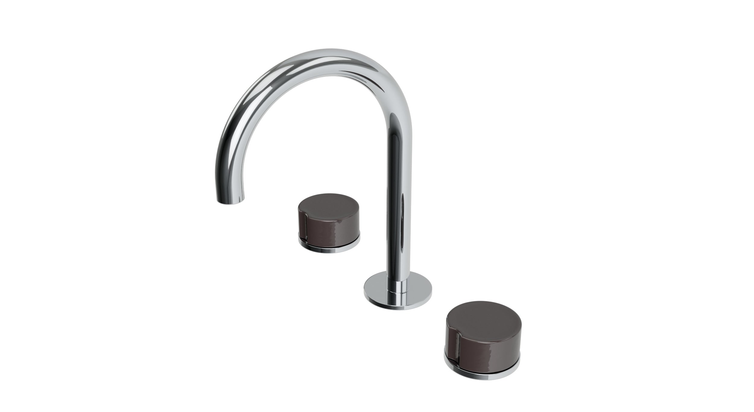 Foundry Two Handle Deck Mount Gooseneck Lavatory Faucet with Groove Ceramic Knob Handles in Polished Chrome