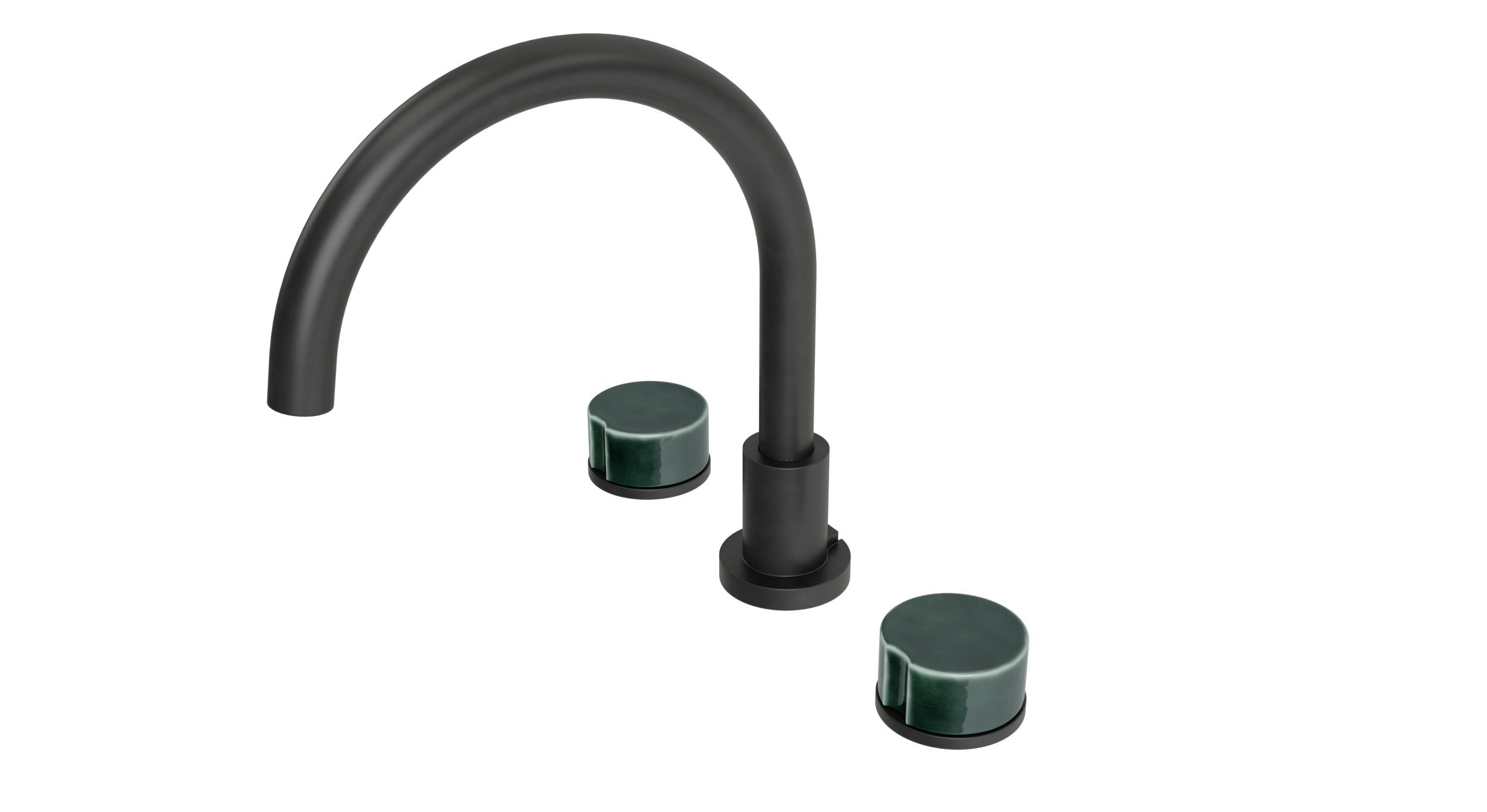 Foundry Two Handle Deck Mount Gooseneck Bath Trim with Groove Ceramic Knob Handles in Oil Rubbed Bronze