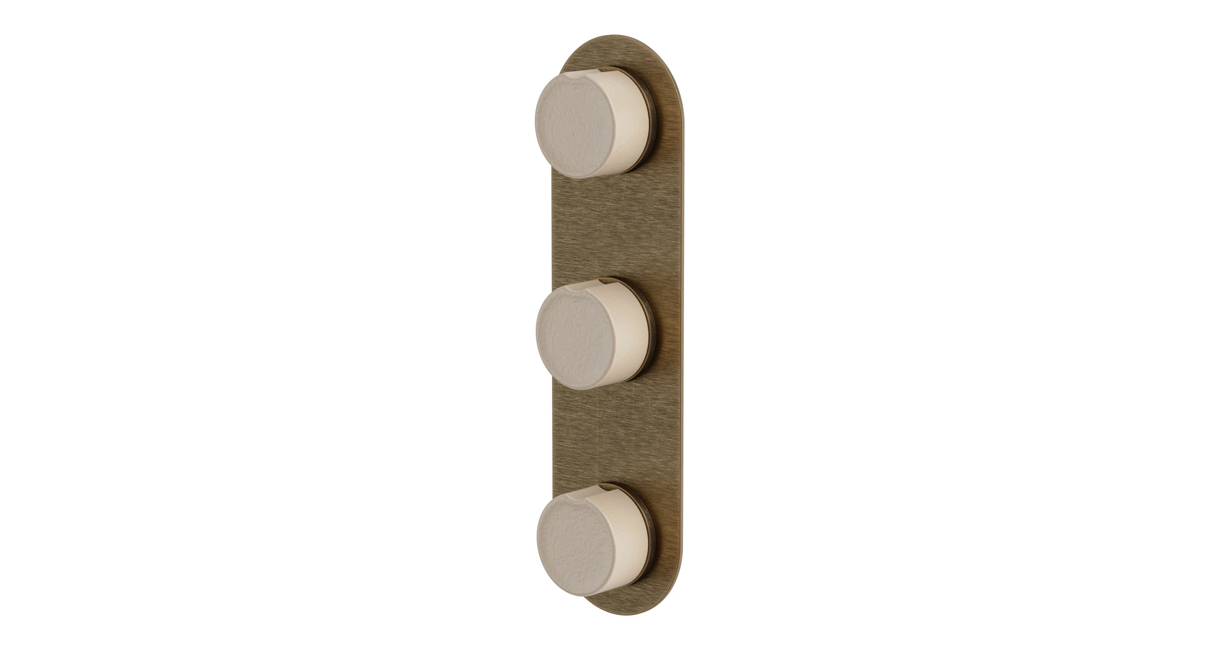 Foundry Three Handle Wall Mount Shower Trim with Groove Ceramic Knob Handles in Antique Brass