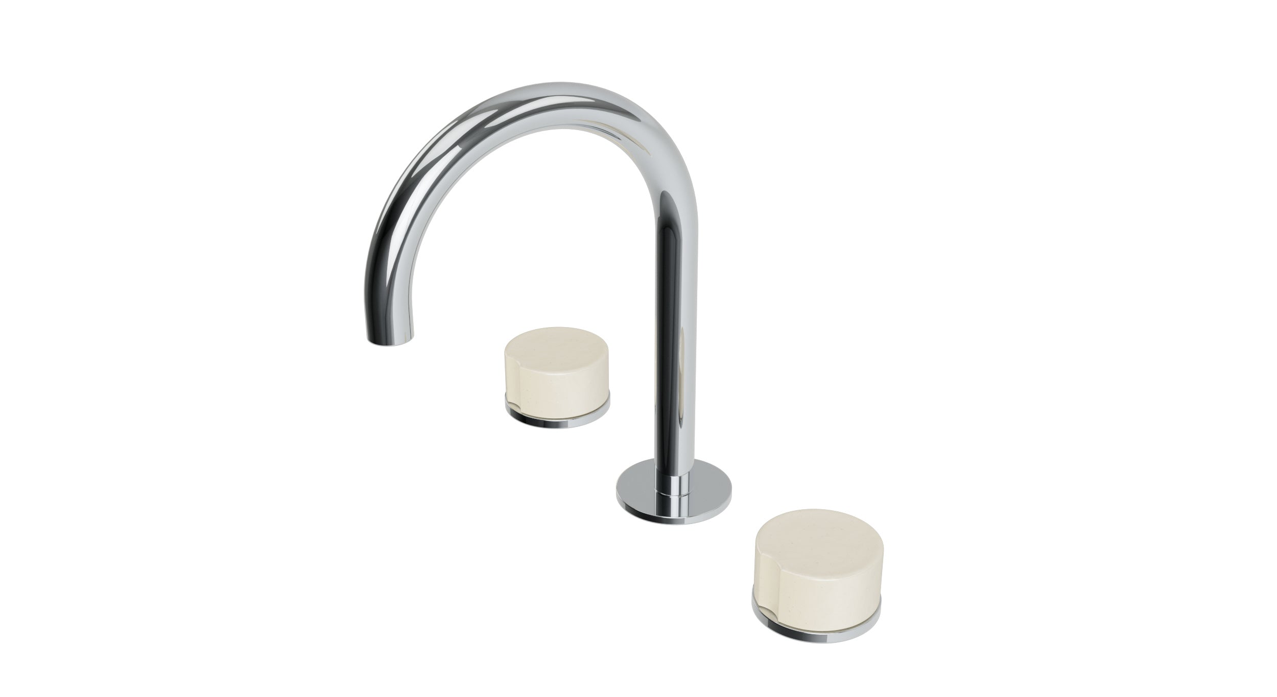Foundry Two Handle Deck Mount Gooseneck Lavatory Faucet with Groove Ceramic Knob Handles in Polished Chrome