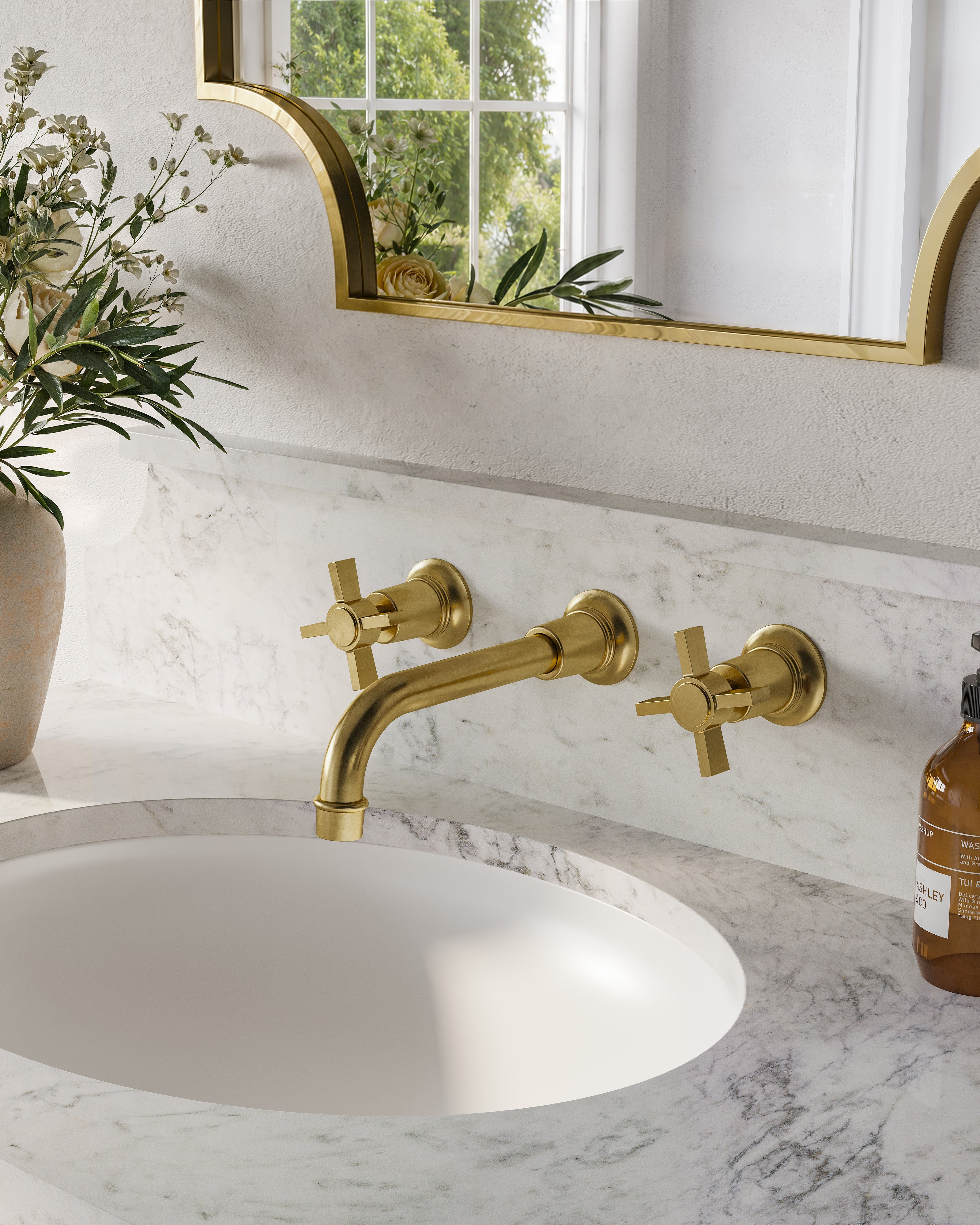 Emerson Two Handle Wall Mount 8.25" Lavatory Faucet with Defined Cross Handles in French Brass