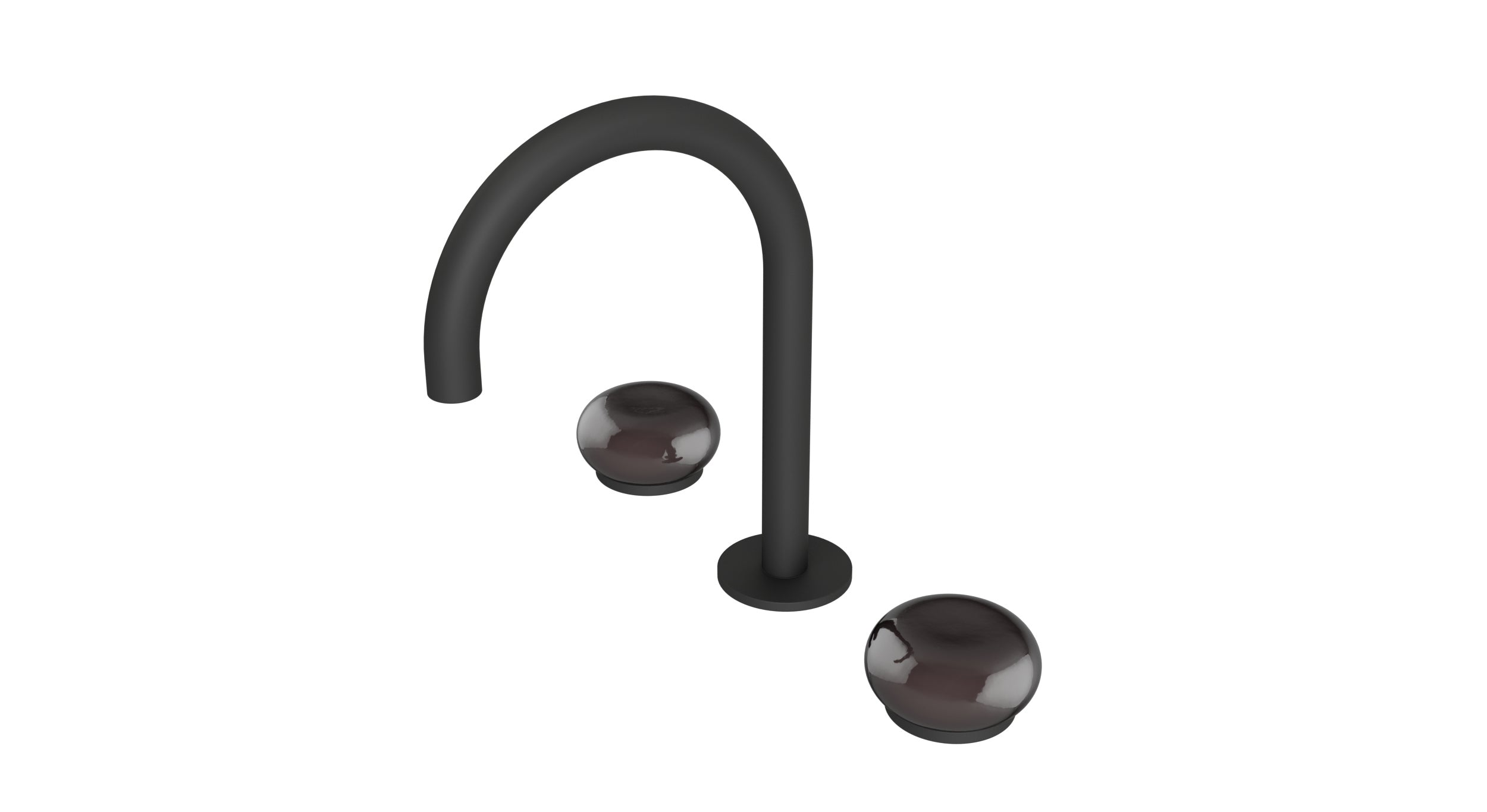 Foundry Two Handle Deck Mount Gooseneck Lavatory Faucet with Pebble Ceramic Knob Handles in Matte Black