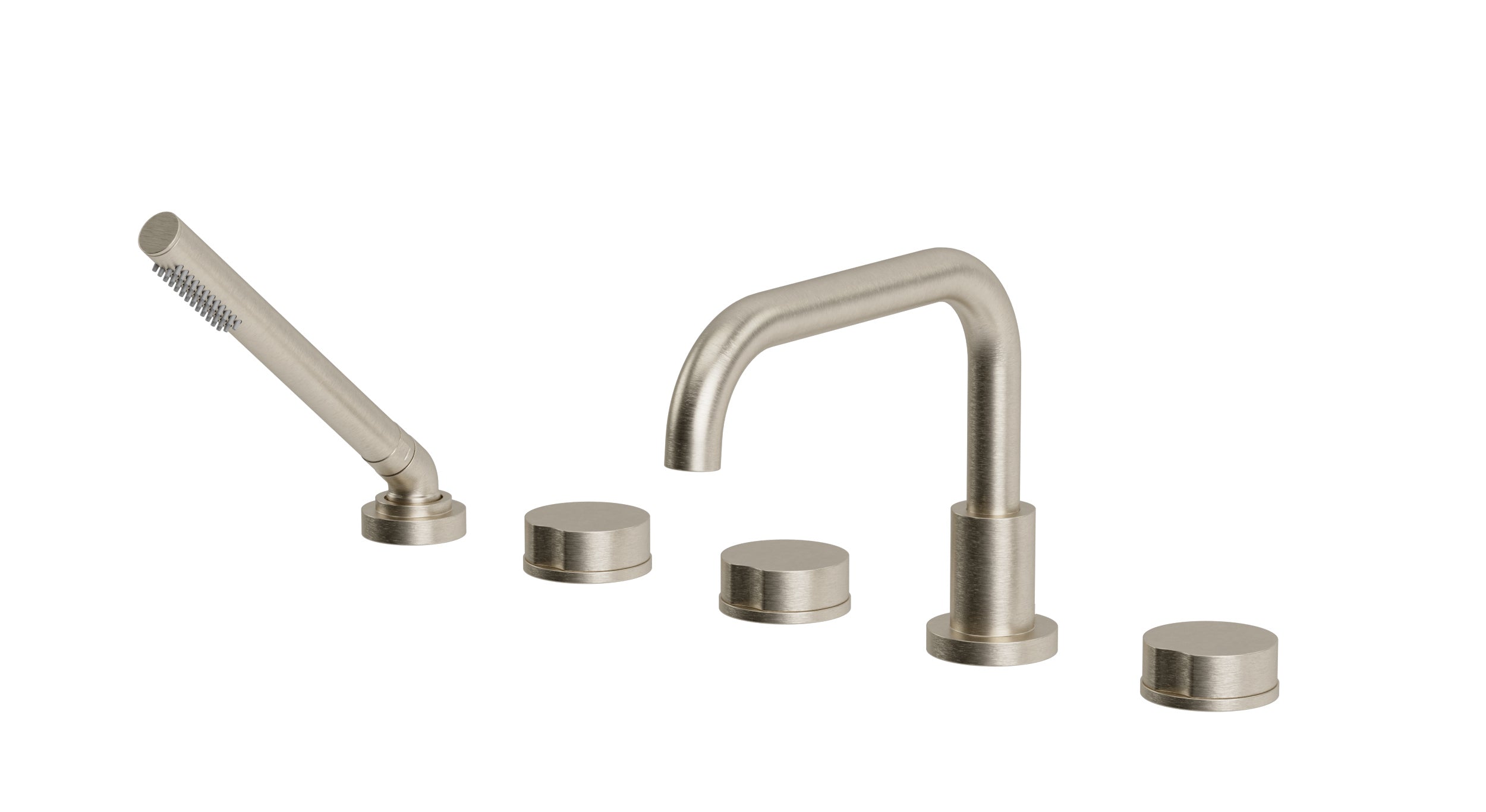 Foundry Three Handle Deck Mount Squaretop Bath Trim with Hand Shower and Circle Knob Handles in Satin Nickel