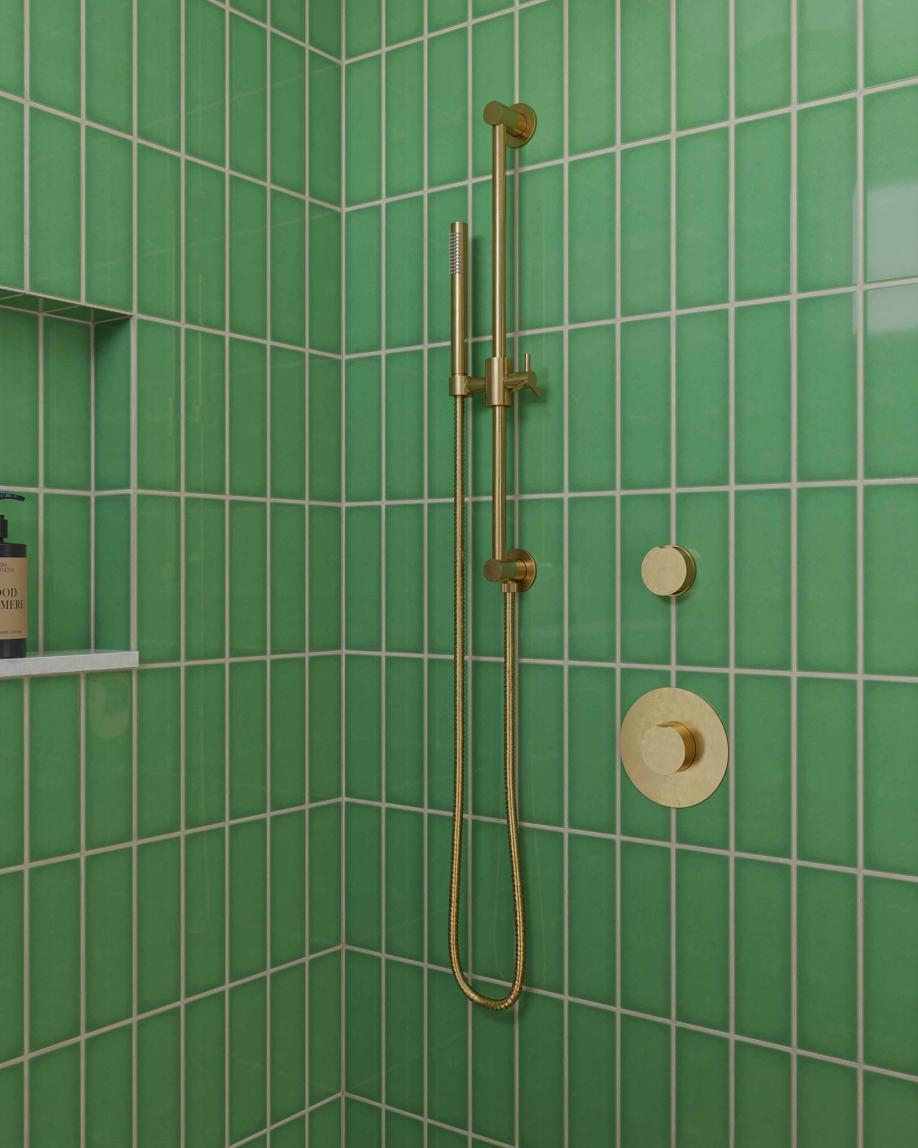 Foundry One Handle Wall Mount Diverter/Volume Control Shower Trim with Barrel Knob Handle in French Brass