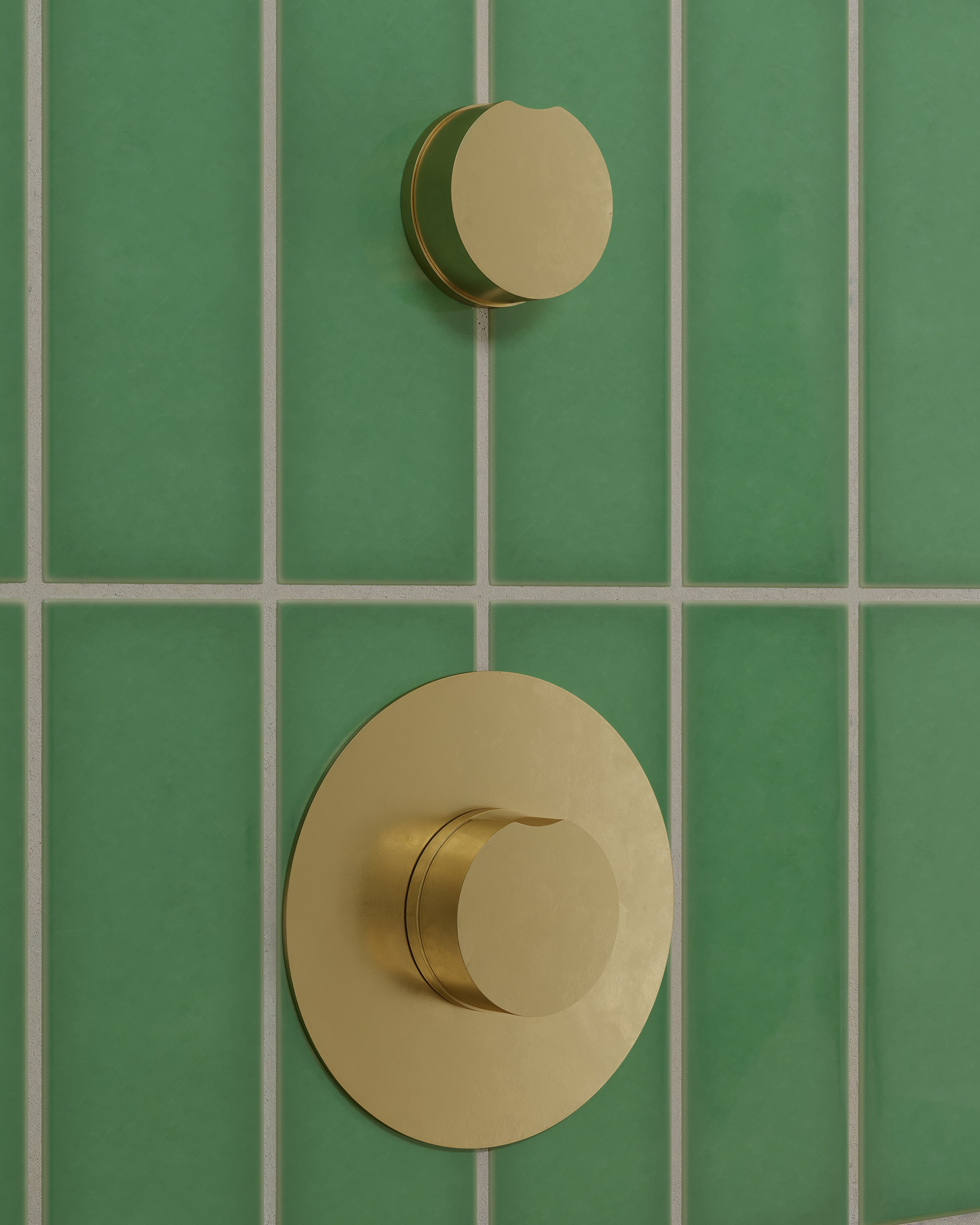 Foundry One Handle Wall Mount Diverter/Volume Control Shower Trim with Barrel Knob Handle in French Brass