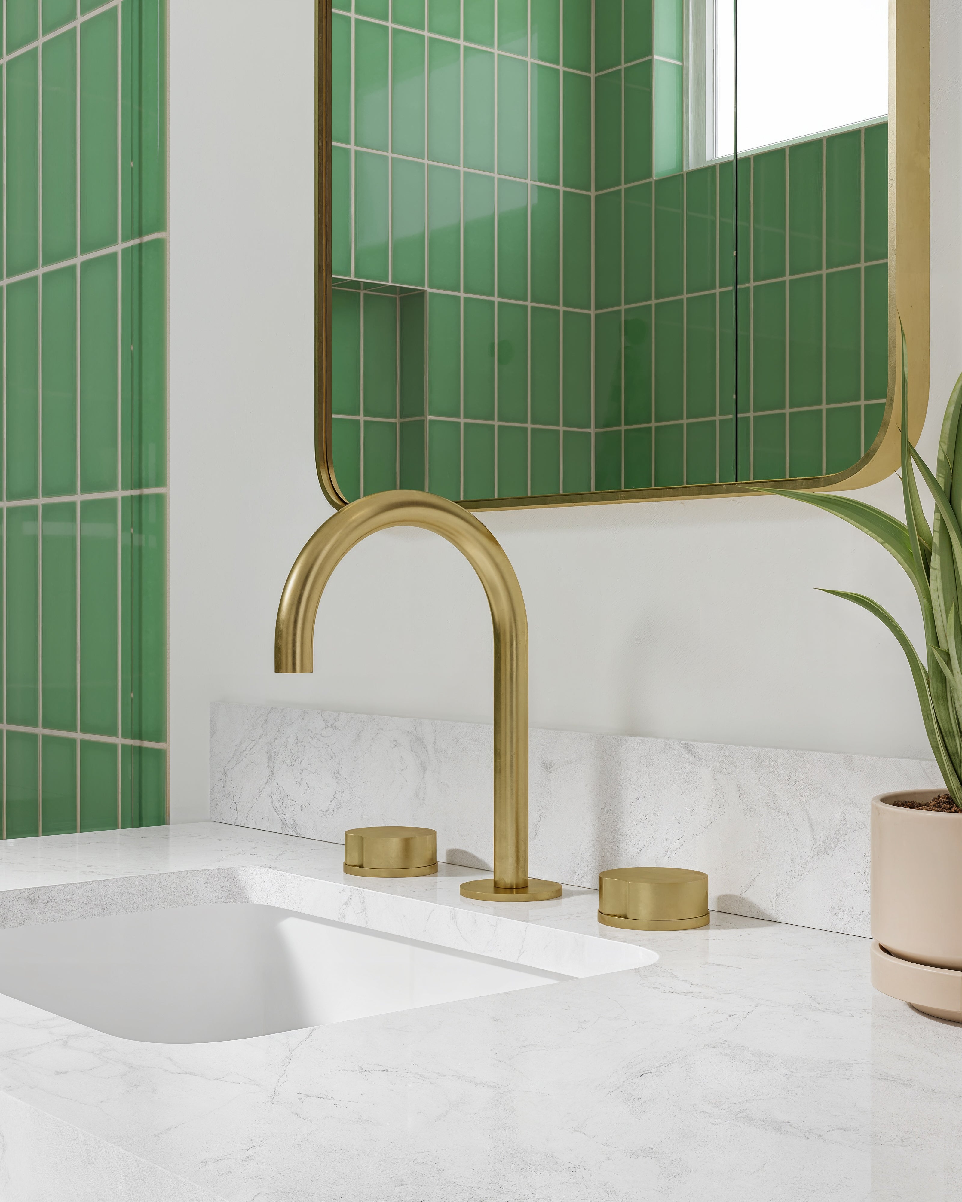 Foundry Two Handle Deck Mount Gooseneck Lavatory Faucet with Barrel Knob Handles in French Brass