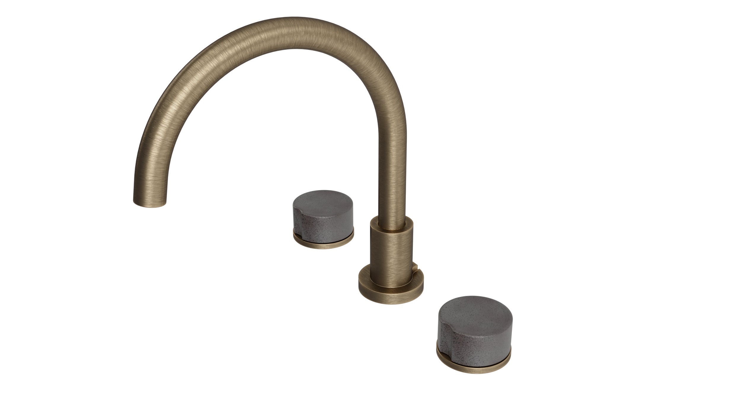 Foundry Two Handle Deck Mount Gooseneck Bath Trim with Groove Ceramic Knob Handles in Antique Brass