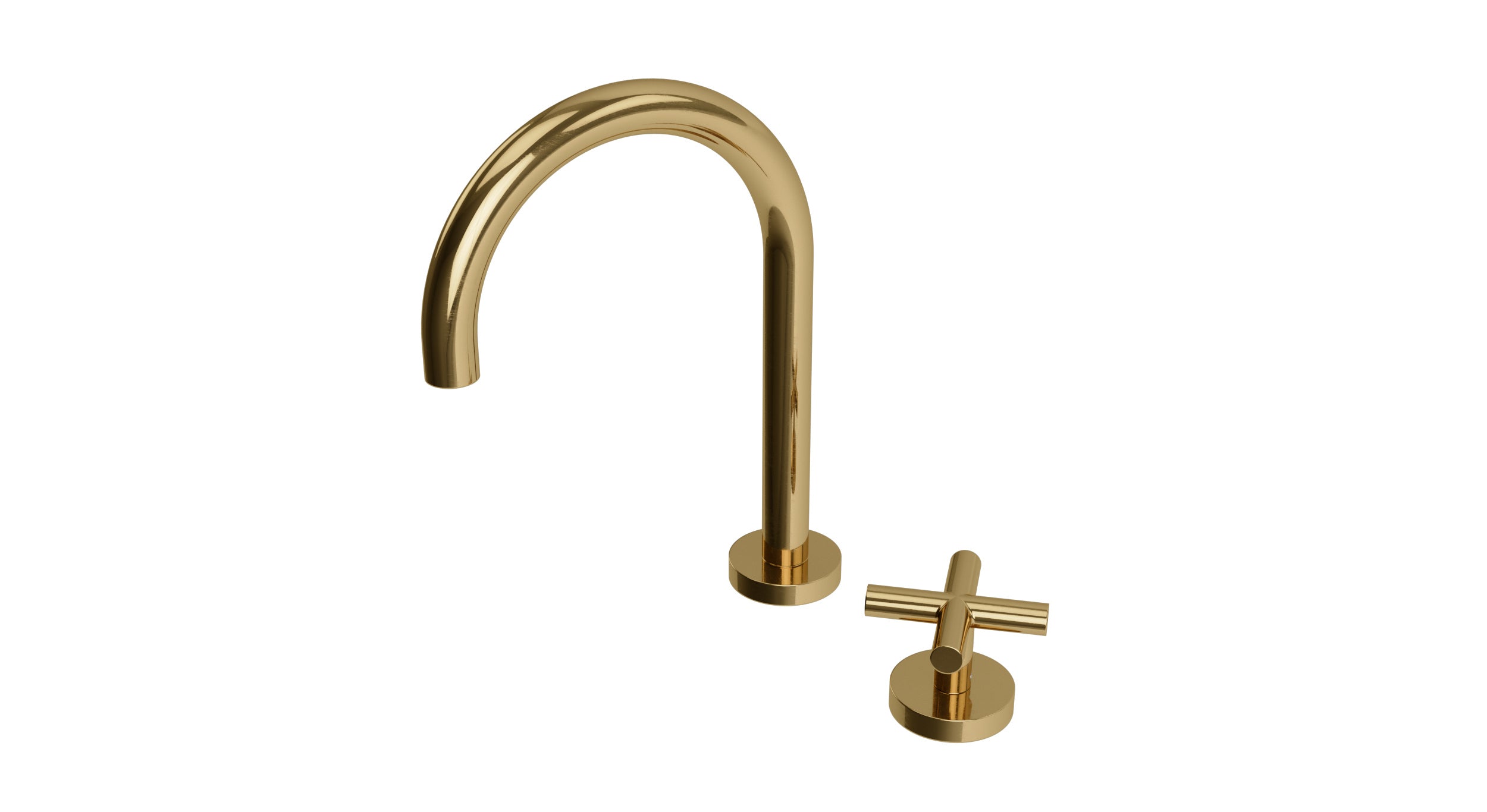 Contour One Handle Deck Mount Gooseneck Lavatory Faucet with Soft Cross Handle in Uncoated Polished Brass