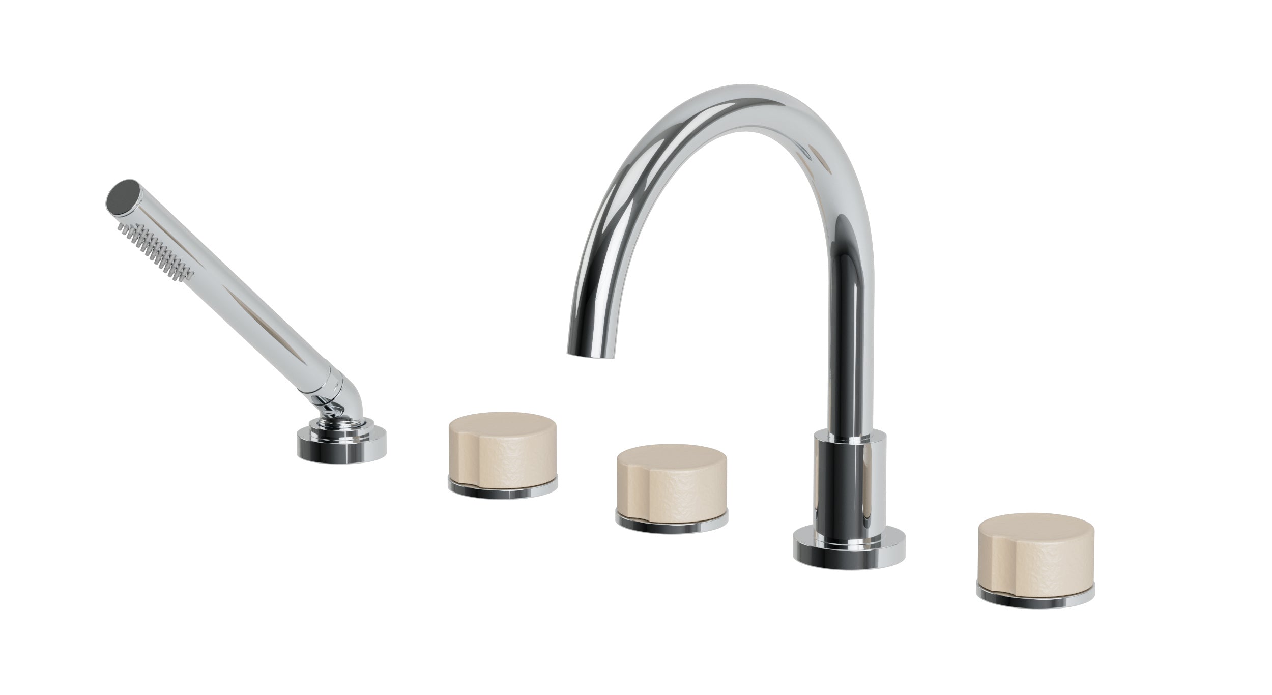 Foundry Three Handle Deck Mount Gooseneck Bath Trim with Hand Shower and Groove Ceramic Knob Handles in Polished Chrome