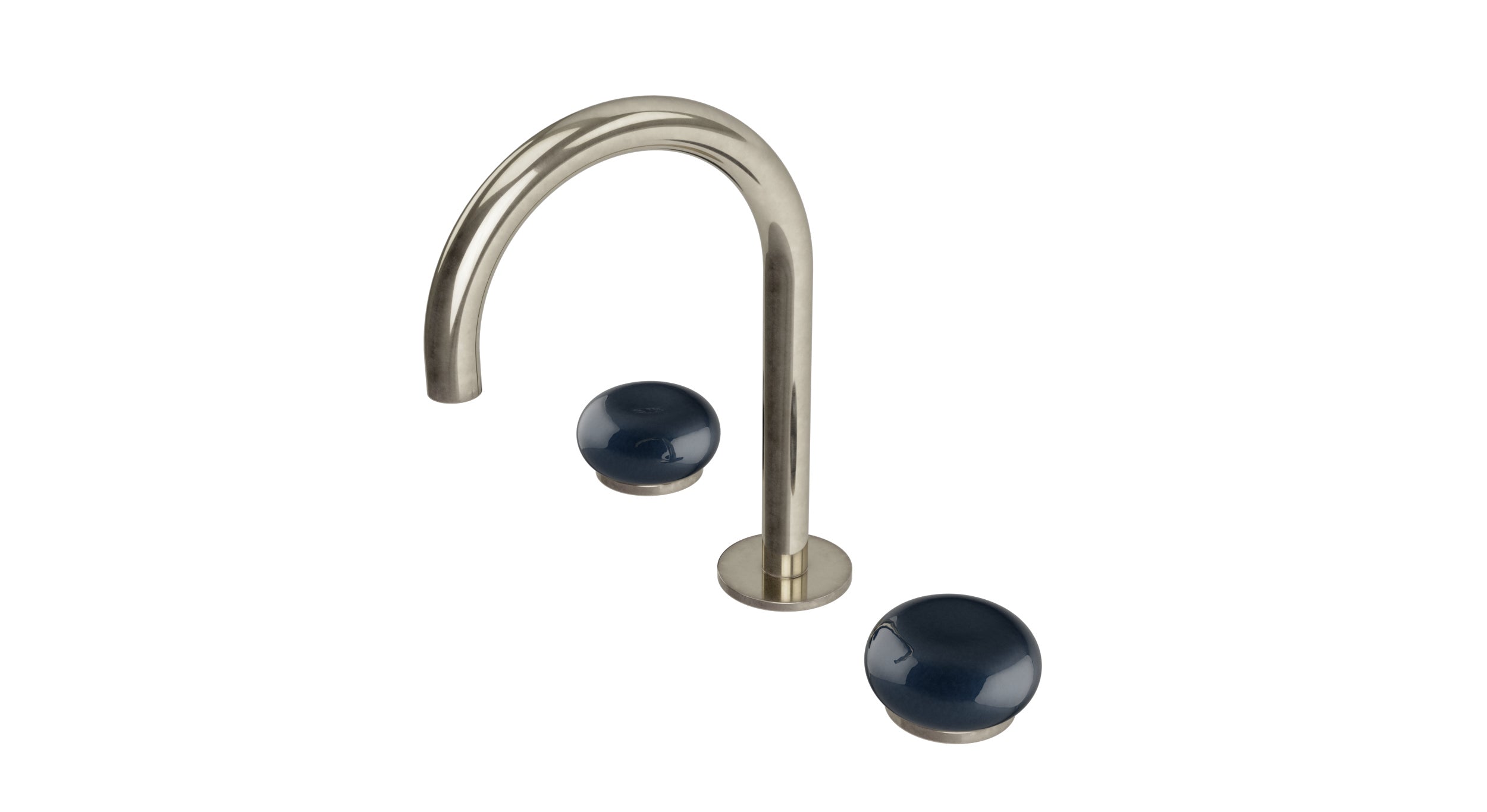 Foundry Two Handle Deck Mount Gooseneck Lavatory Faucet with Pebble Ceramic Knob Handles in French Nickel