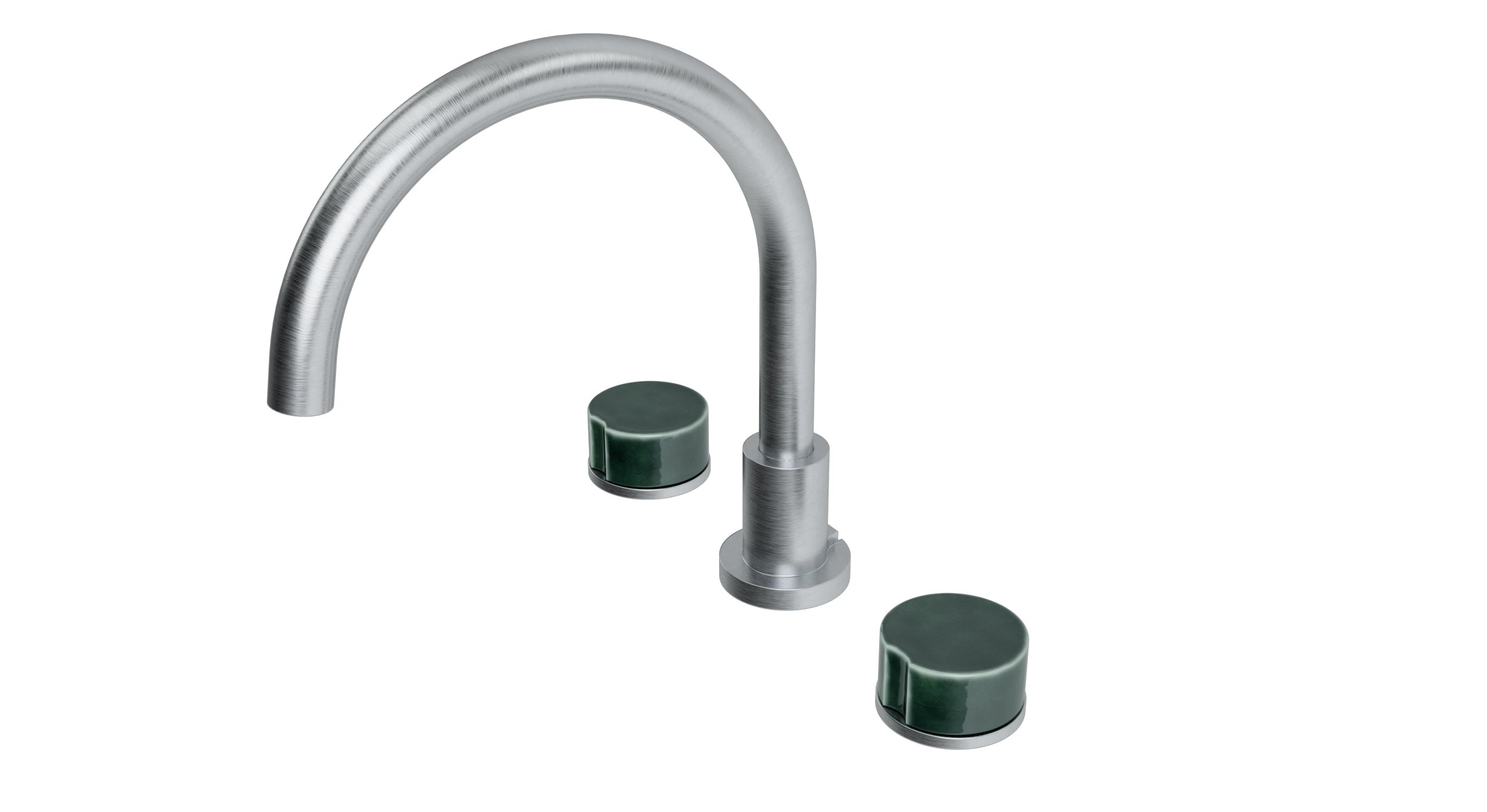 Foundry Two Handle Deck Mount Gooseneck Bath Trim with Groove Ceramic Knob Handles in Satin Chrome
