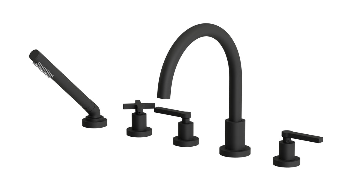 Flatiron Three Handle Deck Mount Gooseneck Bath Trim with Hand Shower and Linear Cross/Linear Lever Handles in Matte Black