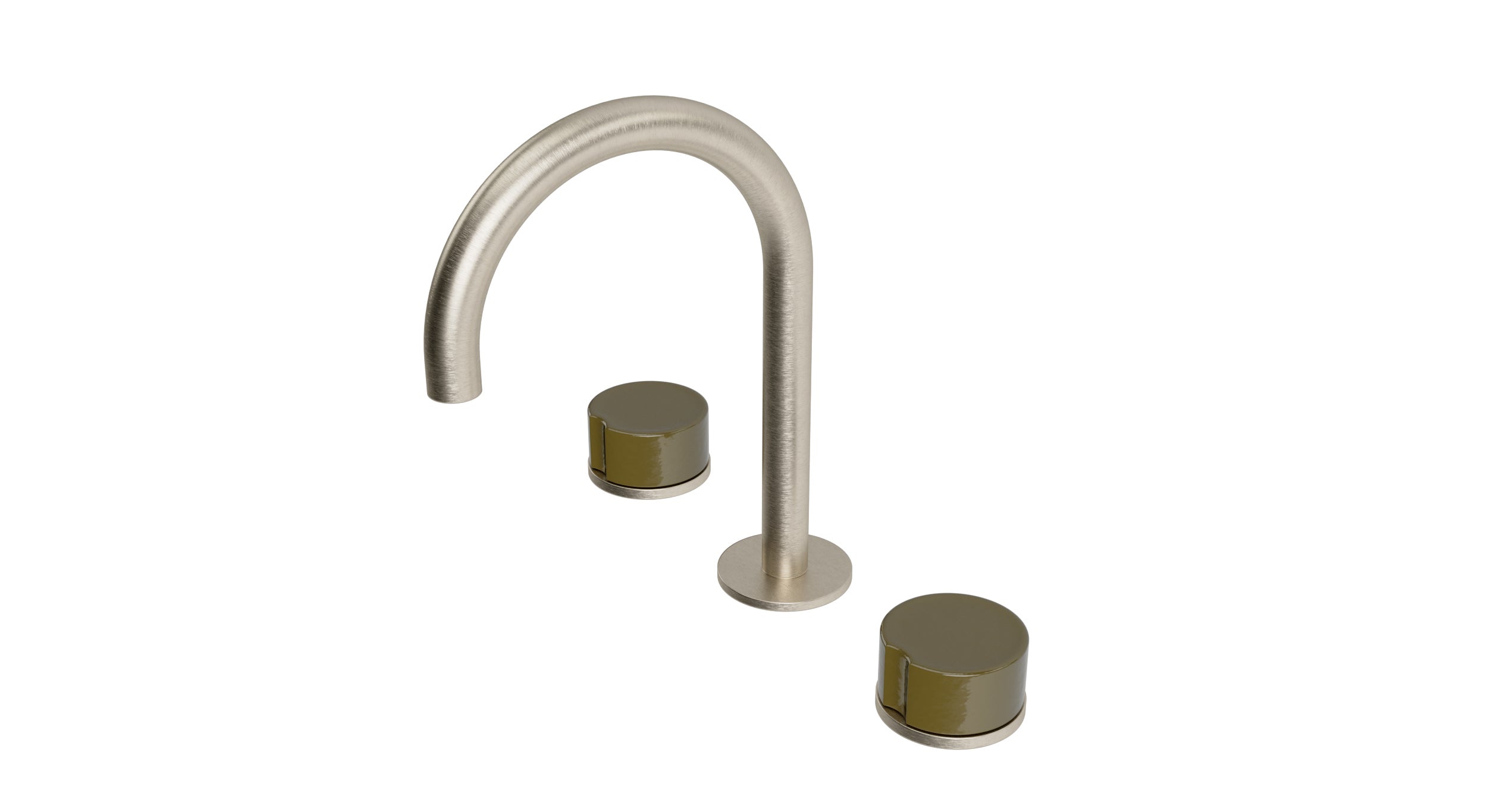 Foundry Two Handle Deck Mount Gooseneck Lavatory Faucet with Groove Ceramic Knob Handles in Satin Nickel