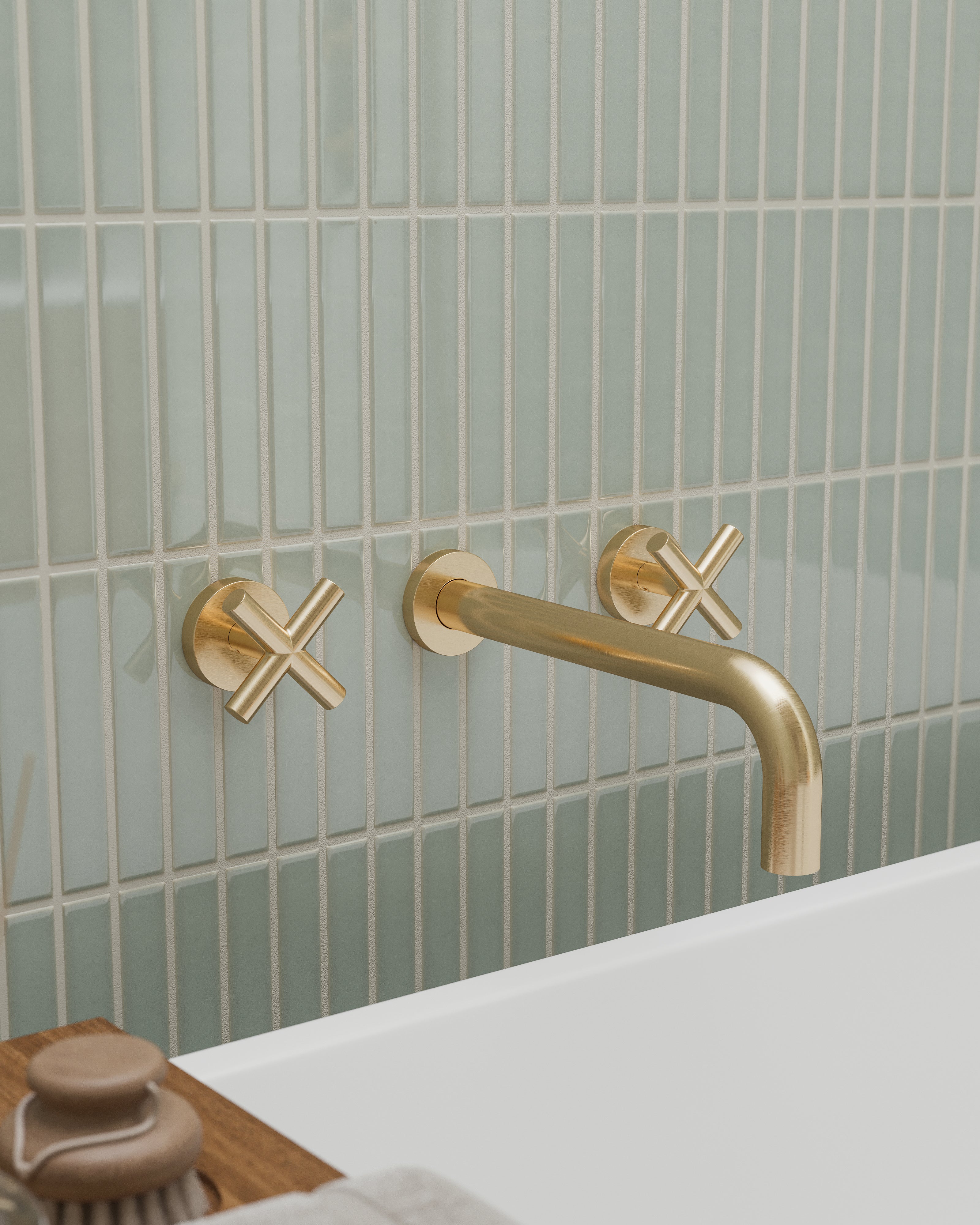 Contour Two Handle Wall Mount Bath Trim with Soft Cross Handles in Satin Brass
