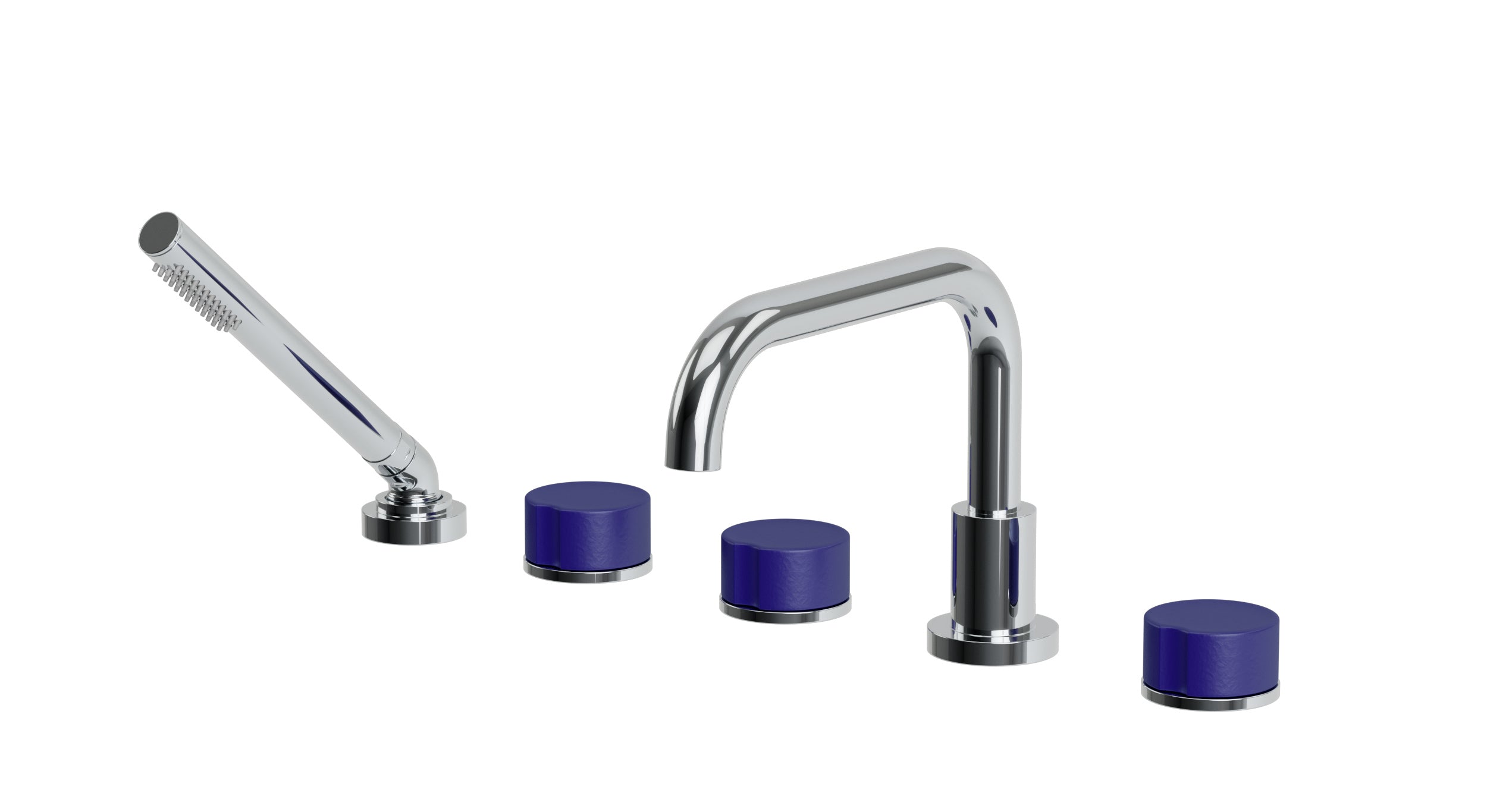 Foundry Three Handle Deck Mount Squaretop Bath Trim with Hand Shower and Groove Ceramic Knob Handles