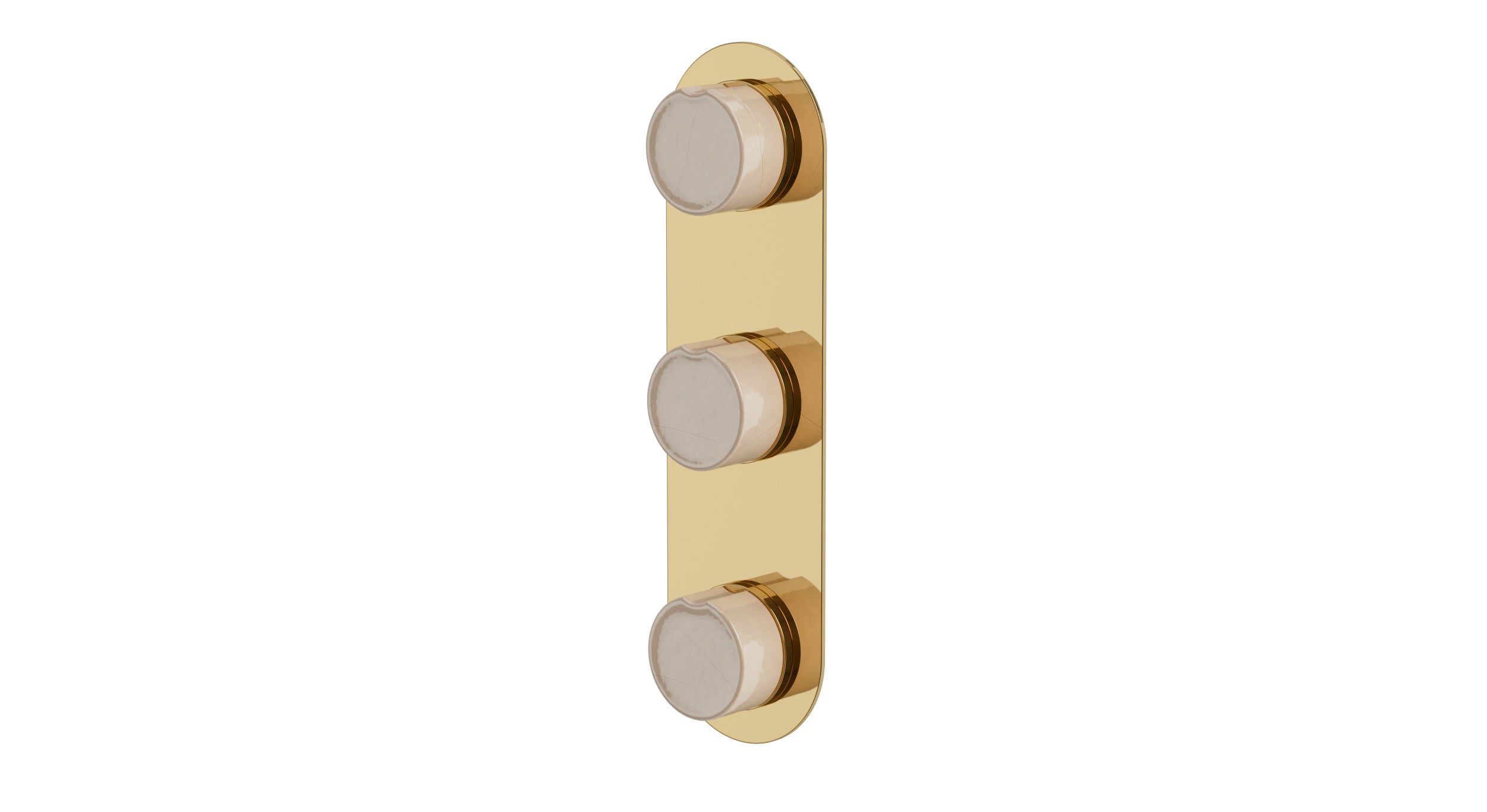 Foundry Three Handle Wall Mount Shower Trim with Groove Ceramic Knob Handles in Polished Brass