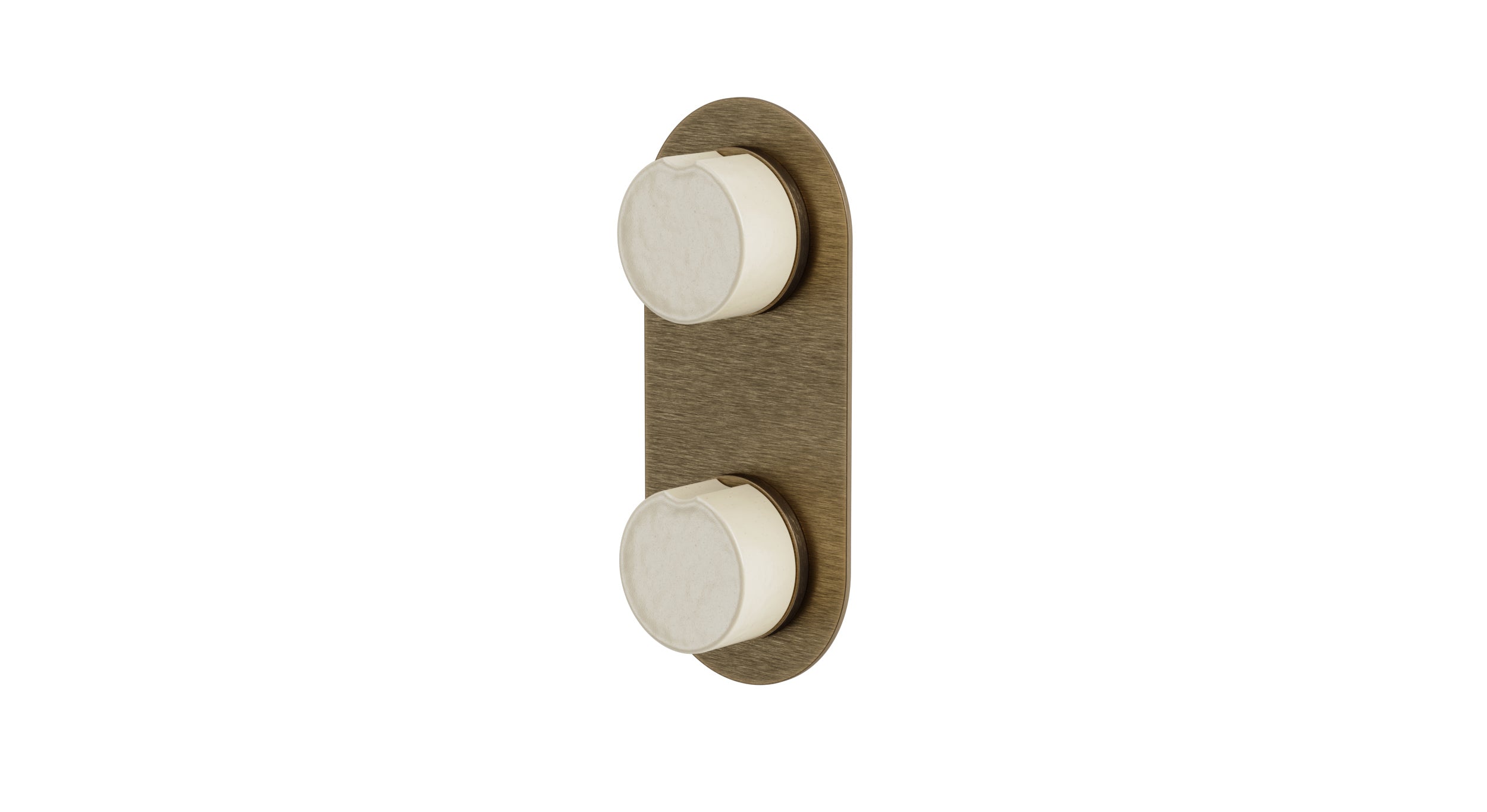 Foundry Two Handle Wall Mount Shower Trim with Groove Ceramic Knob Handles in Antique Brass