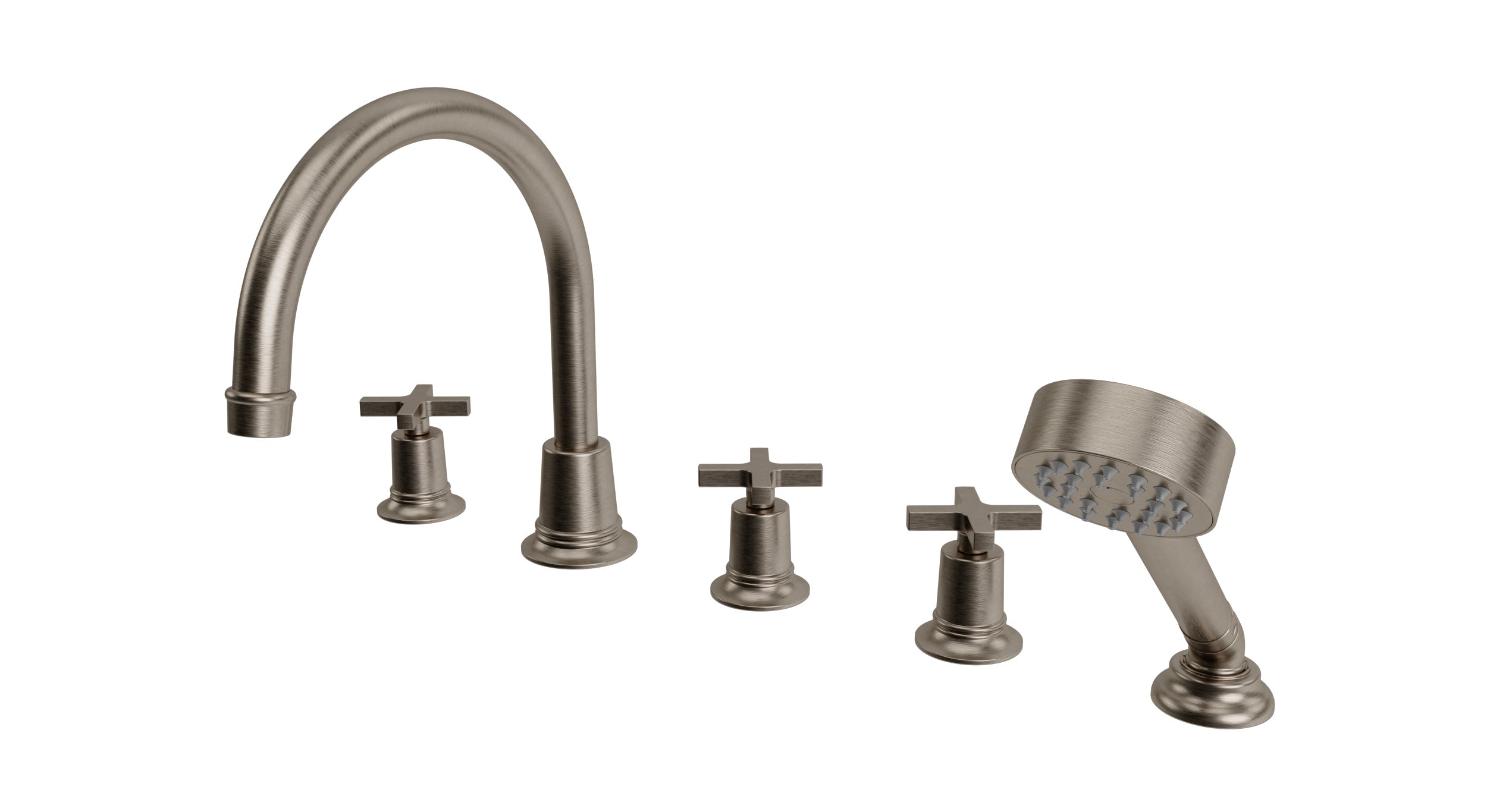 Emerson Three Handle Deck Mount Gooseneck Bath Trim with Hand Shower and Classic Cross Handles in Antique Nickel