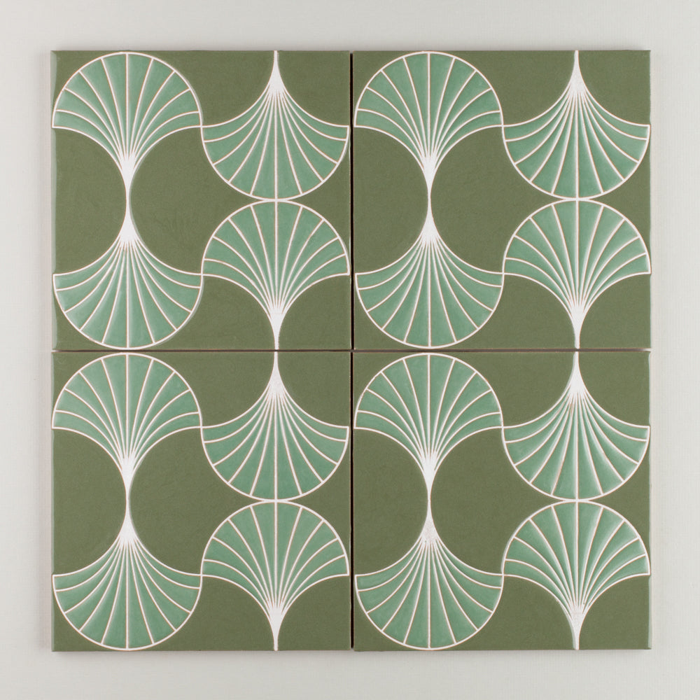 8x8 Handpainted Tile Sensu in Green Motif