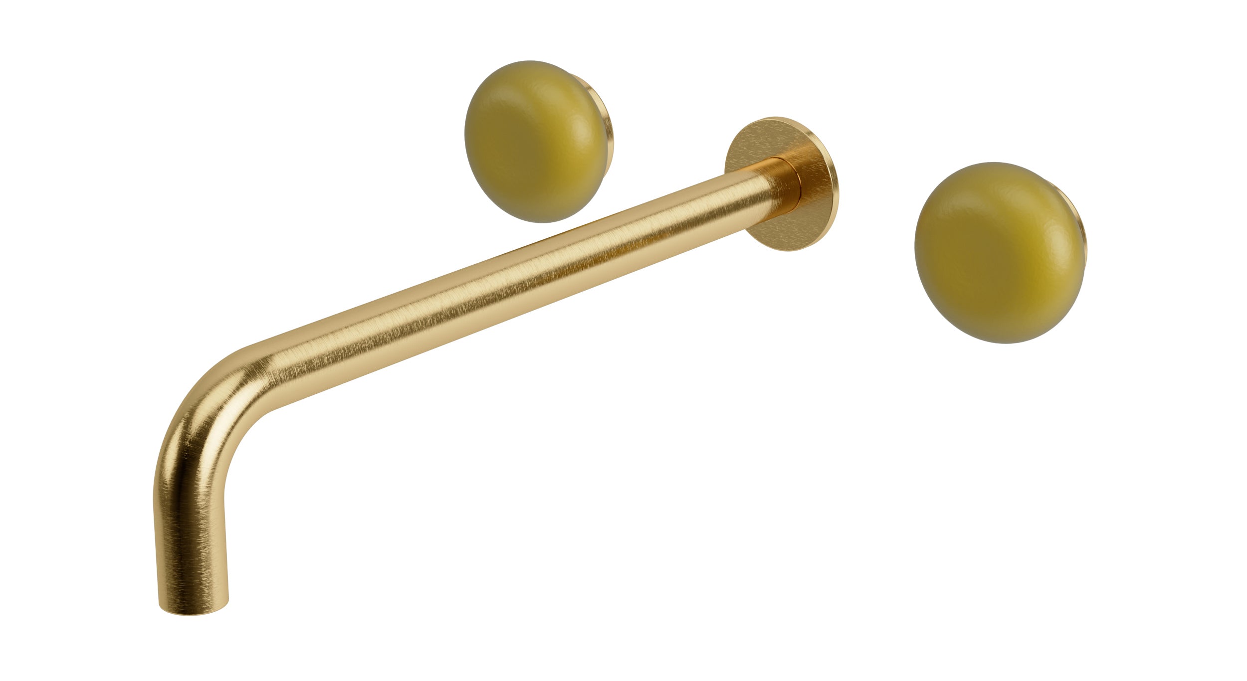 Foundry Two Handle Wall Mount 12" Lavatory Faucet with Pebble Ceramic Knob Handles in Satin Brass