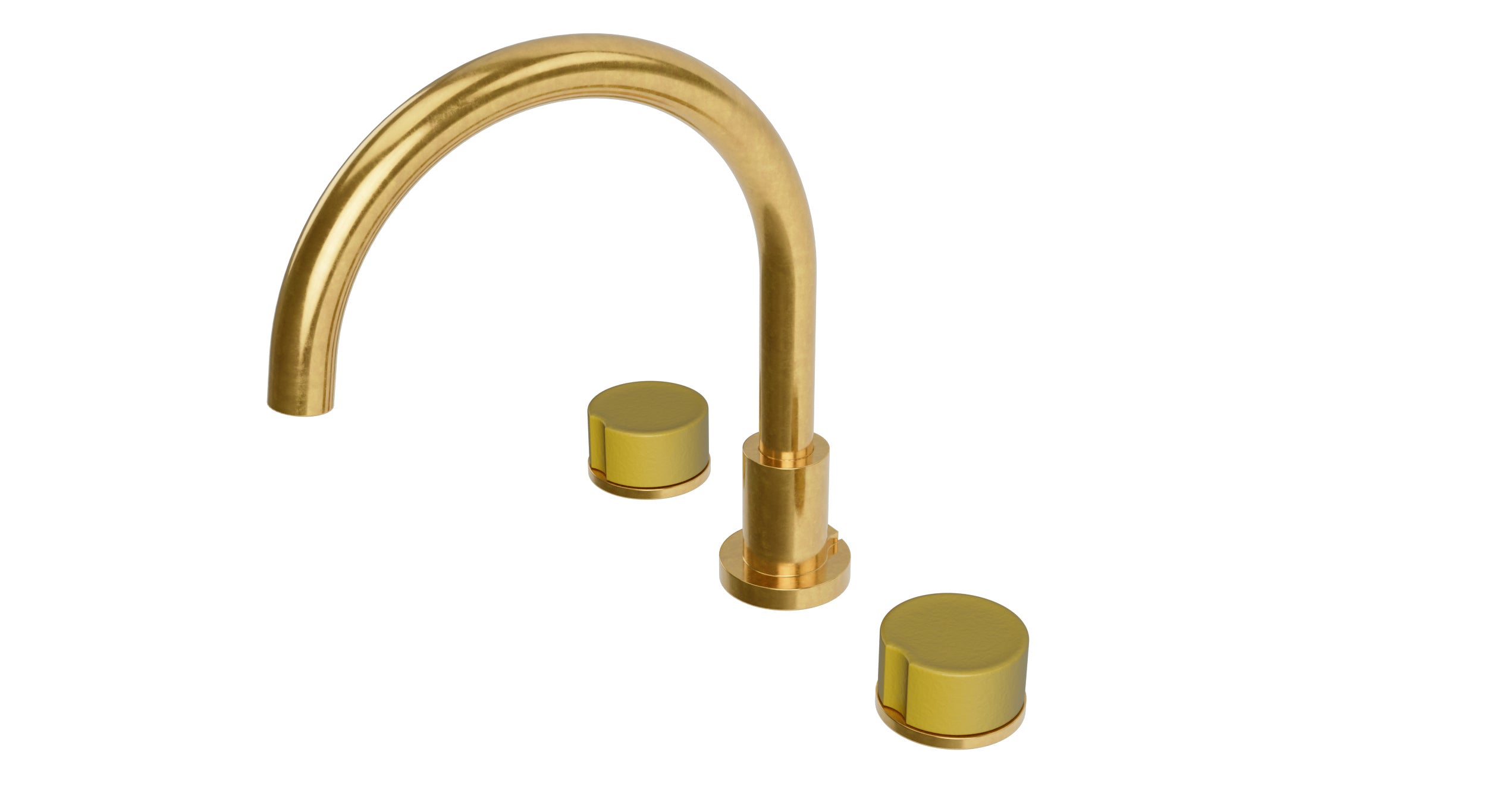 Foundry Two Handle Deck Mount Gooseneck Bath Trim with Groove Ceramic Knob Handles in French Brass