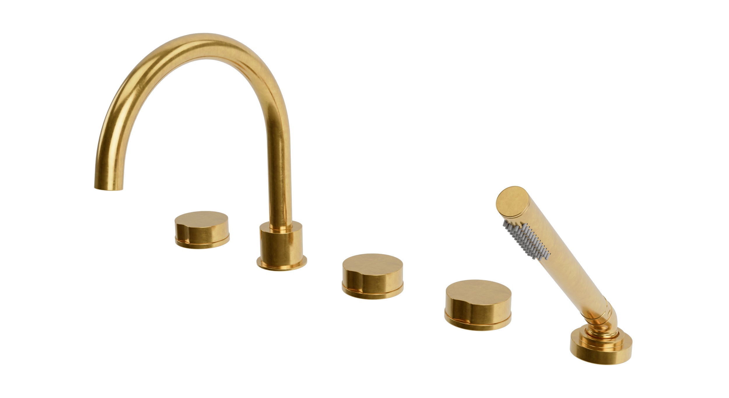Foundry Three Handle Deck Mount Gooseneck Bath Trim with Hand Shower and Circle Knob Handles in French Brass