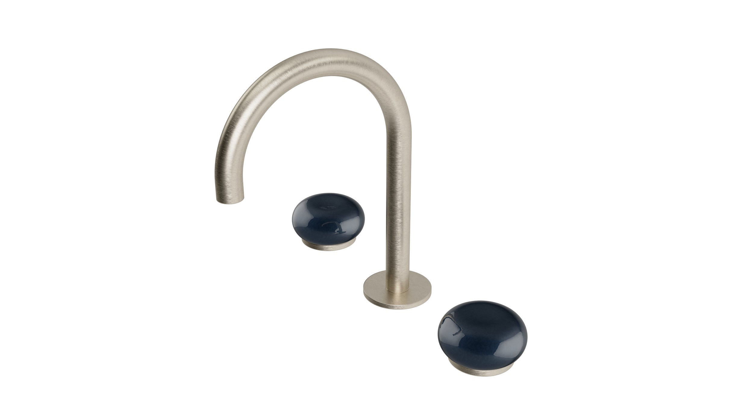 Foundry Two Handle Deck Mount Gooseneck Lavatory Faucet with Pebble Ceramic Knob Handles in Satin Nickel