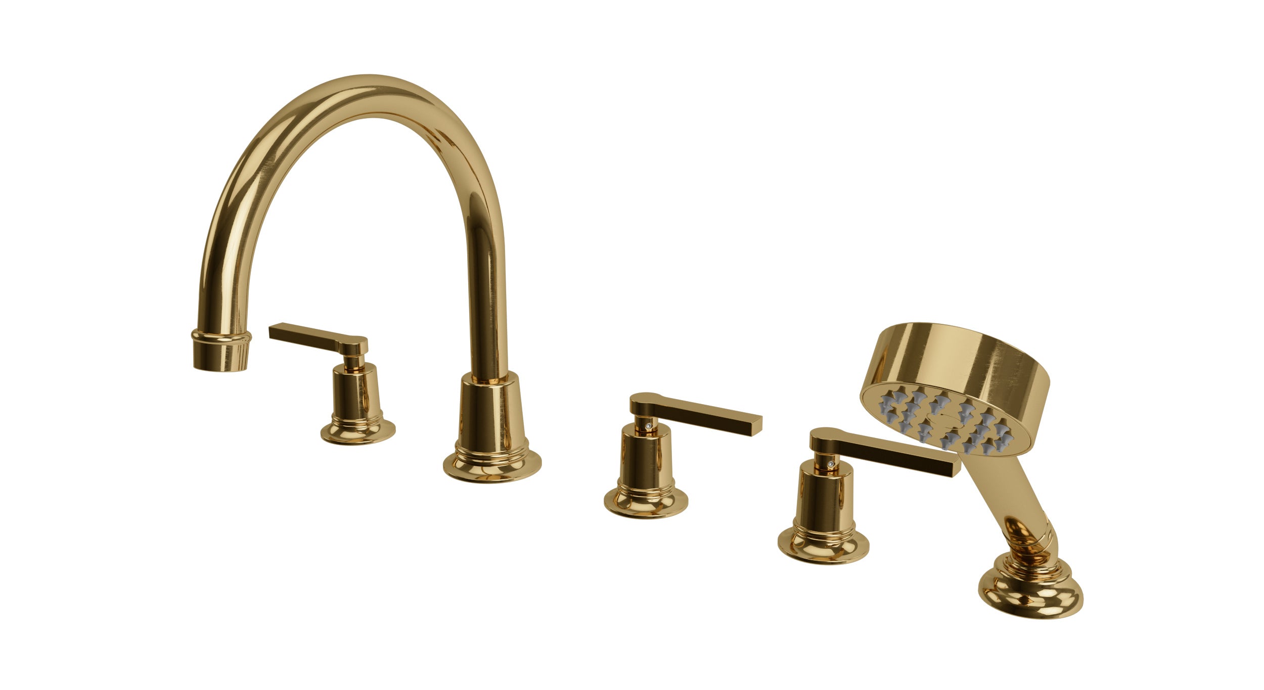 Emerson Three Handle Deck Mount Gooseneck Bath Trim with Hand Shower and Classic Lever Handles in Uncoated Polished Brass