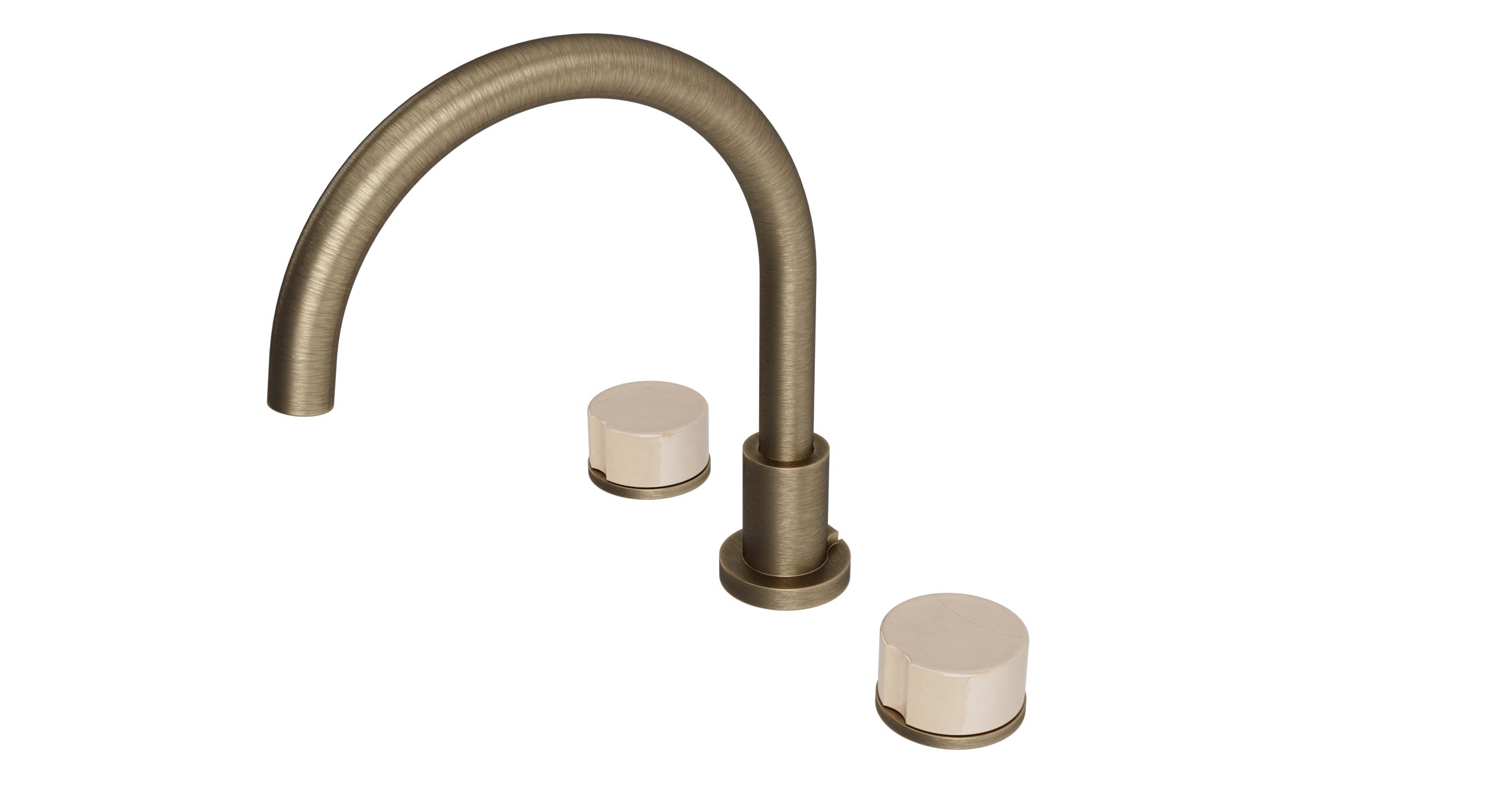 Foundry Two Handle Deck Mount Gooseneck Bath Trim with Groove Ceramic Knob Handles in Antique Brass
