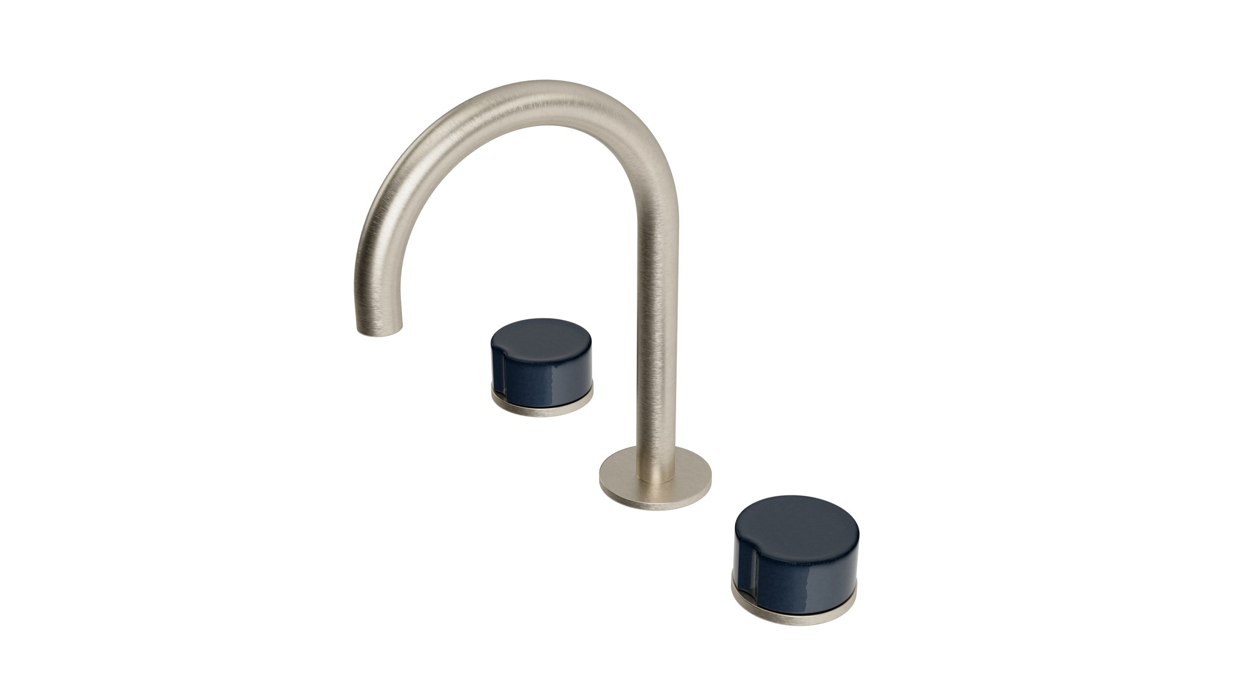 Foundry Two Handle Deck Mount Gooseneck Lavatory Faucet with Groove Ceramic Knob Handles in Satin Nickel